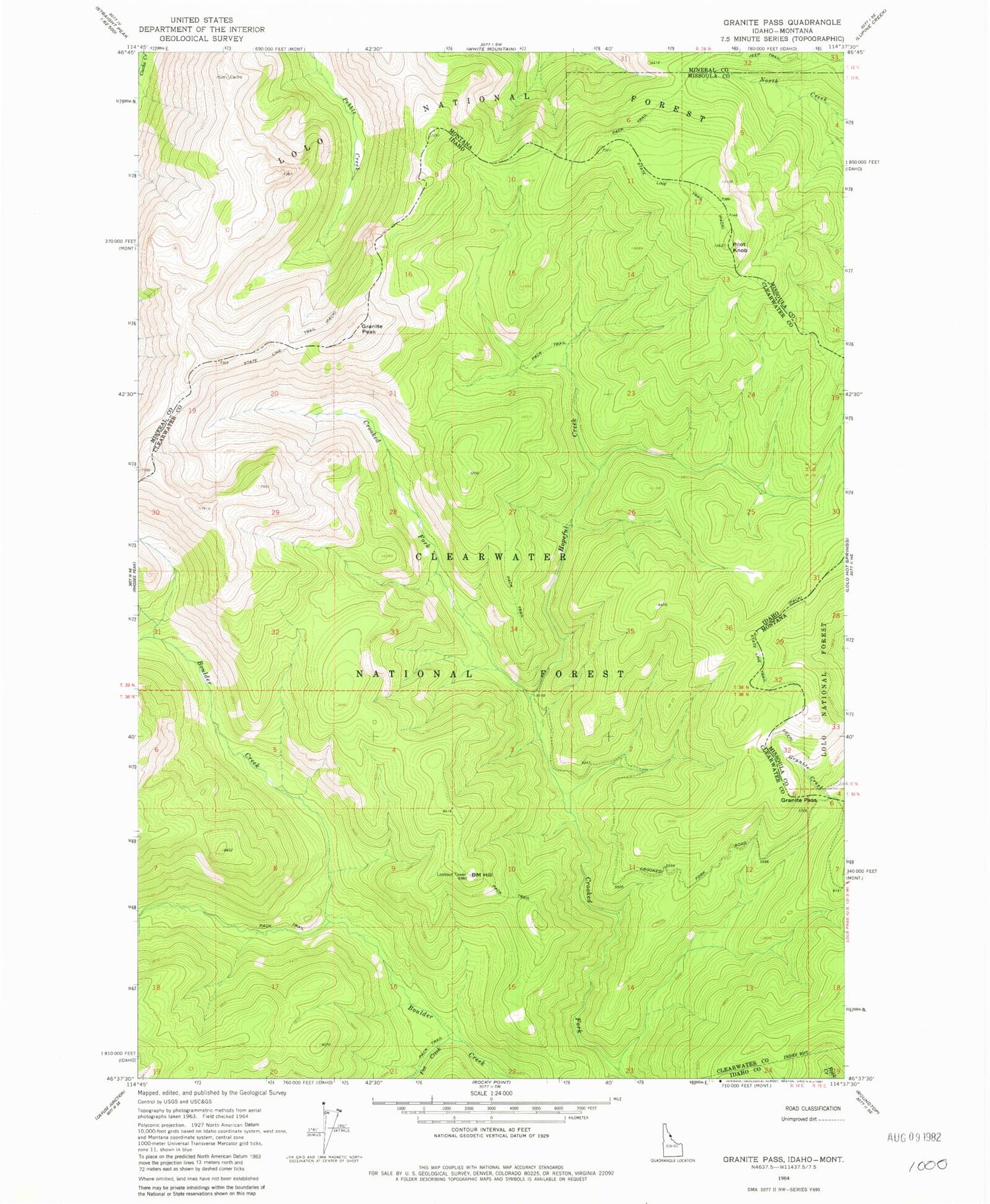 Classic USGS Granite Pass Idaho 7.5'x7.5' Topo Map Image