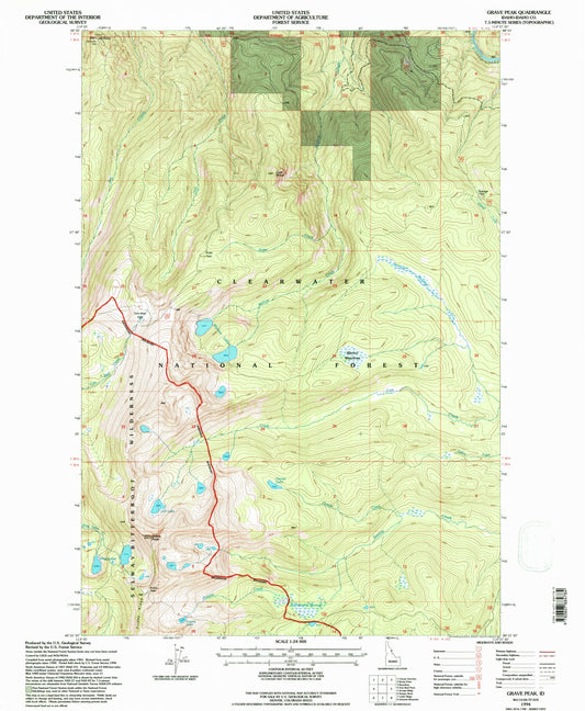 Classic USGS Grave Peak Idaho 7.5'x7.5' Topo Map Image