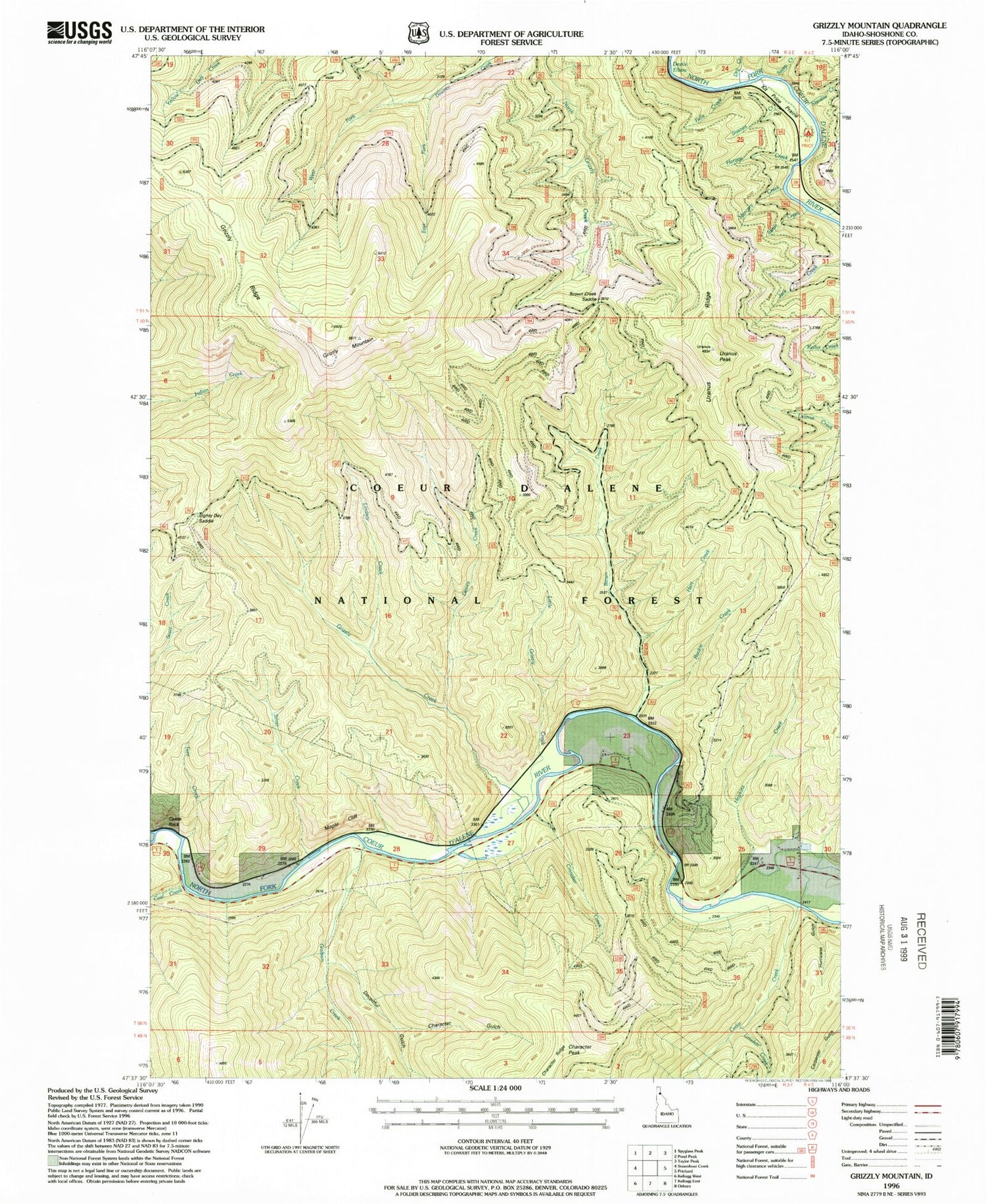 Classic USGS Grizzly Mountain Idaho 7.5'x7.5' Topo Map Image