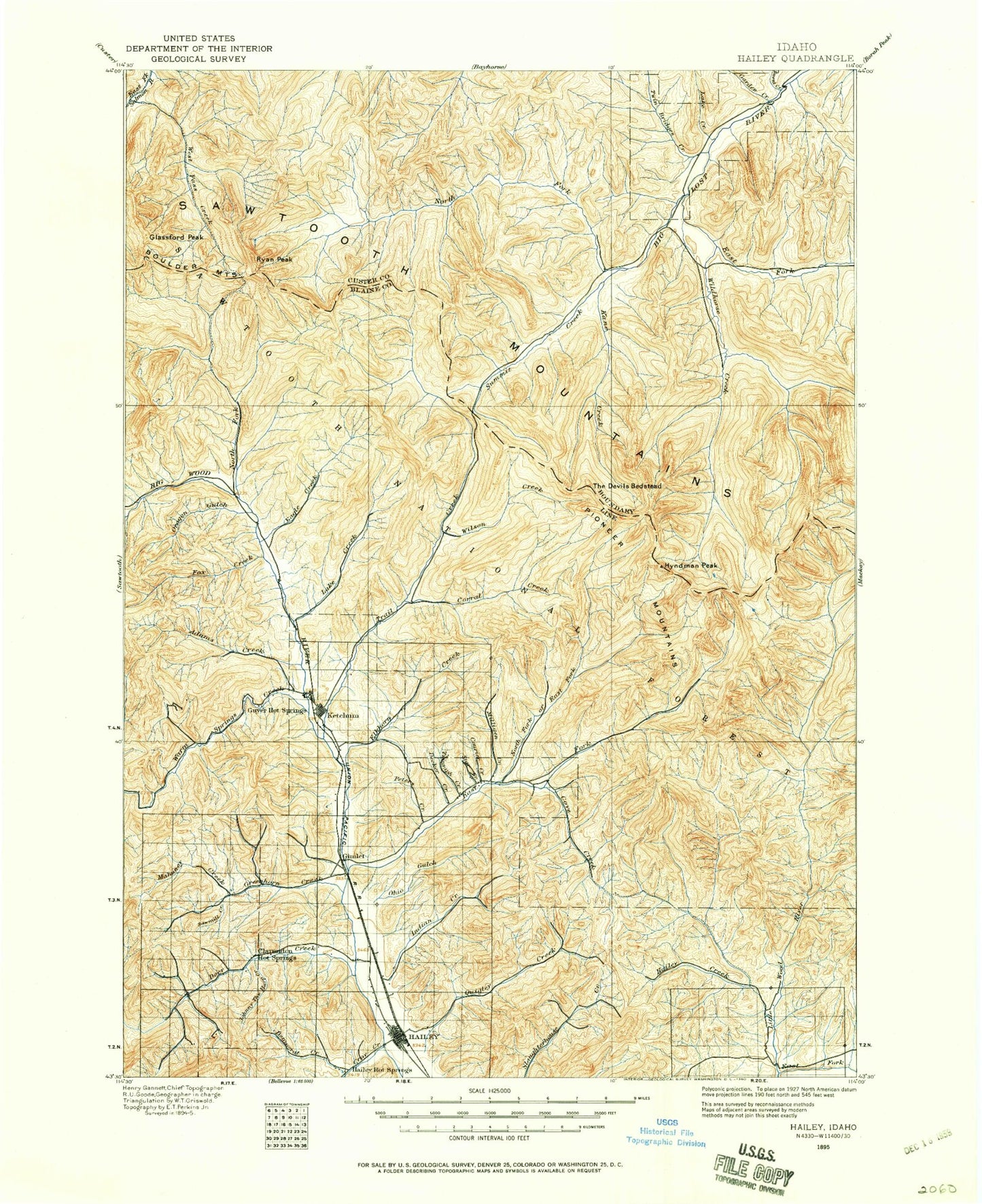 Historic 1895 Hailey Idaho 30'x30' Topo Map Image