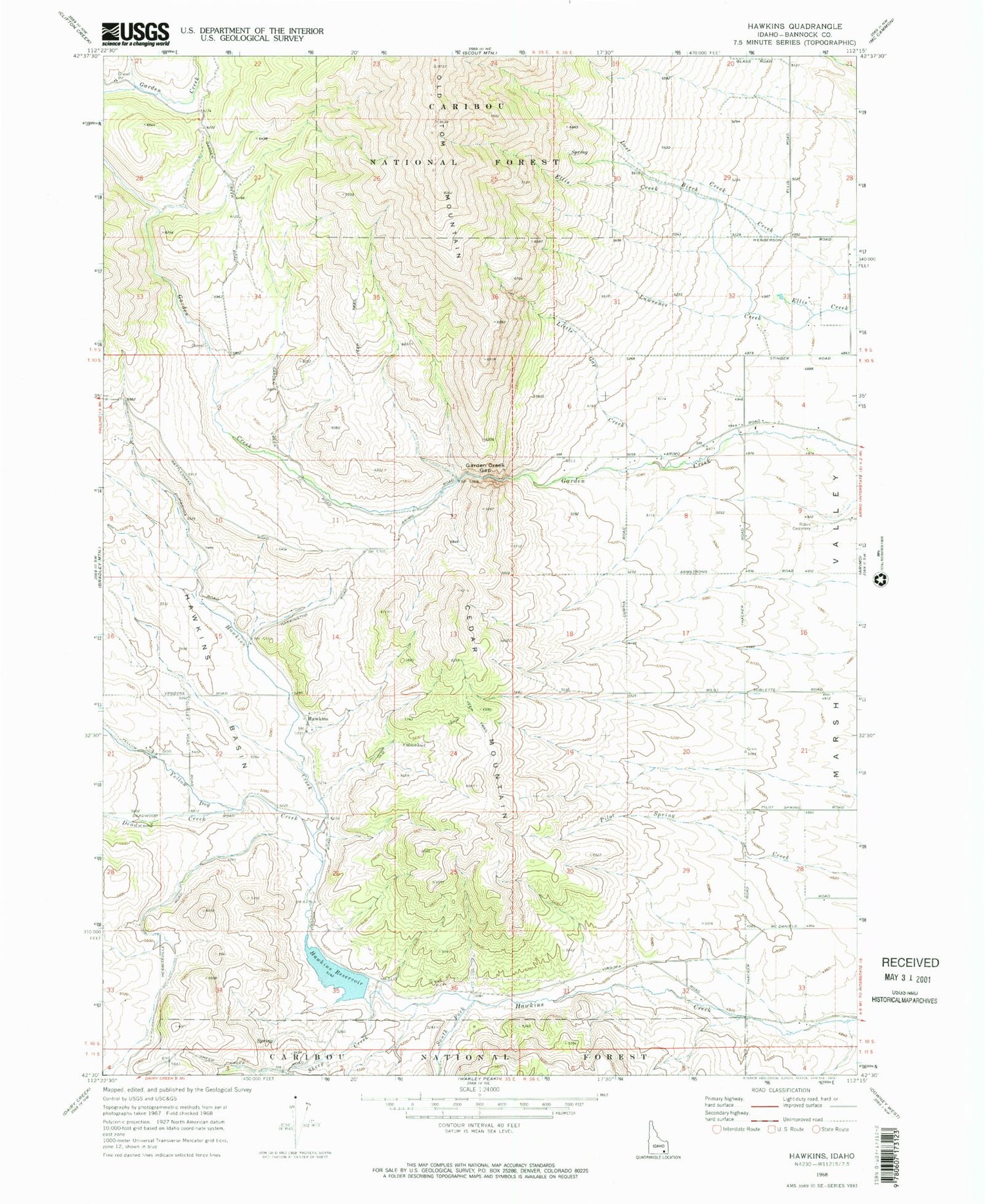 Classic USGS Hawkins Idaho 7.5'x7.5' Topo Map Image