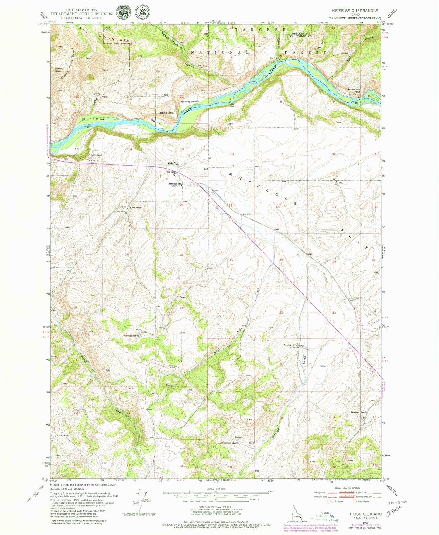Classic USGS Heise SE Idaho 7.5'x7.5' Topo Map Image