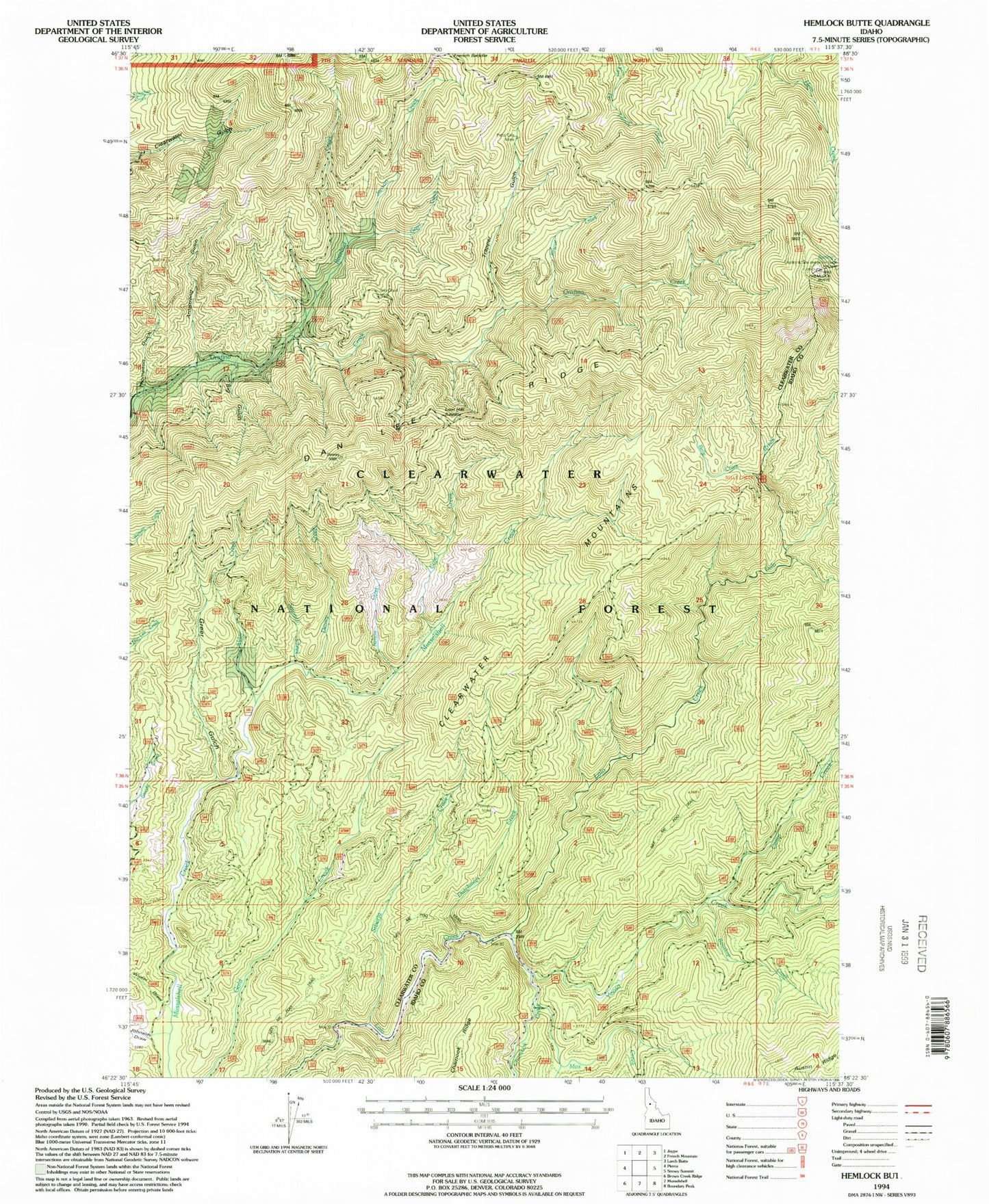Classic USGS Hemlock Butte Idaho 7.5'x7.5' Topo Map Image