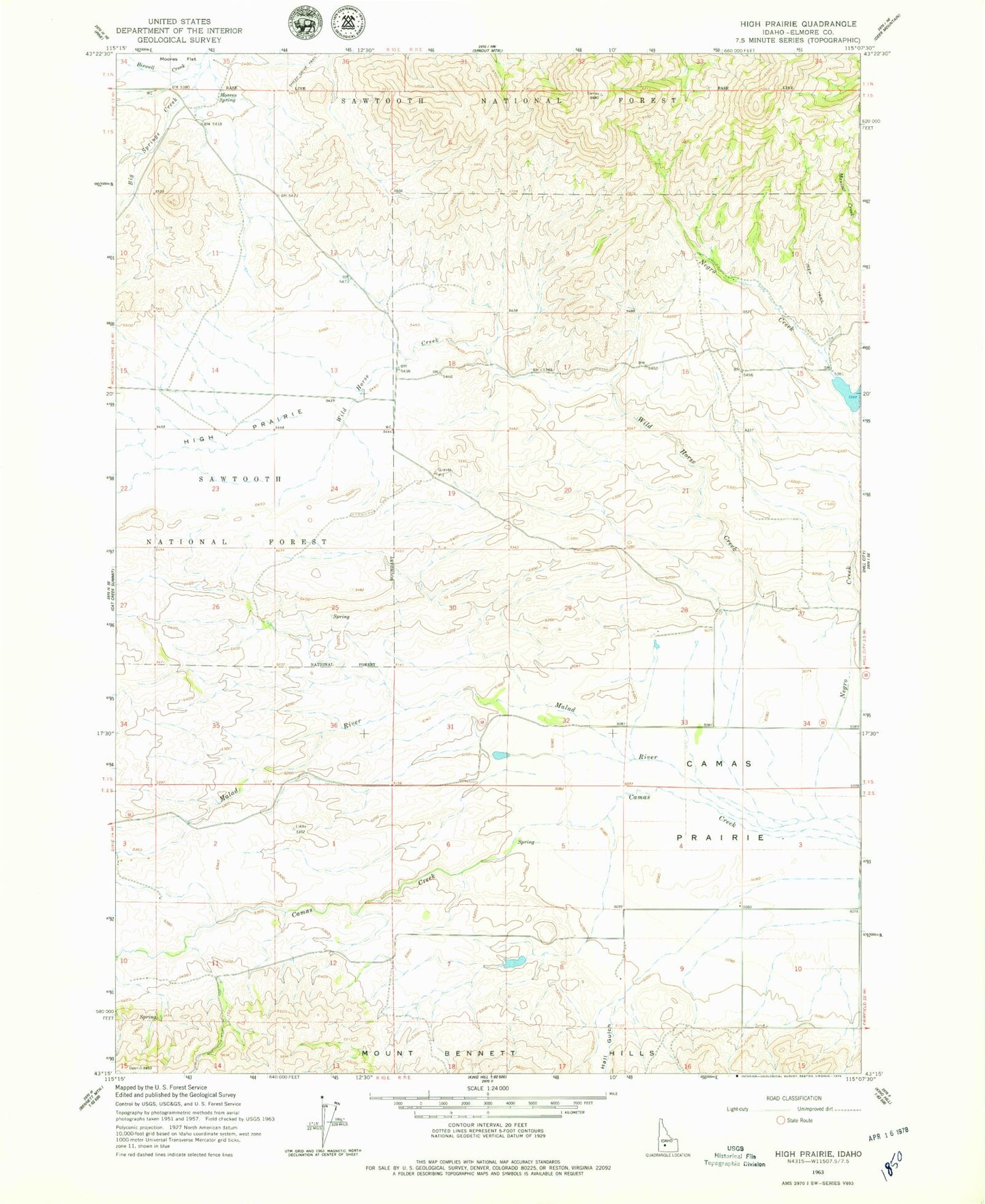 Classic USGS High Prairie Idaho 7.5'x7.5' Topo Map Image