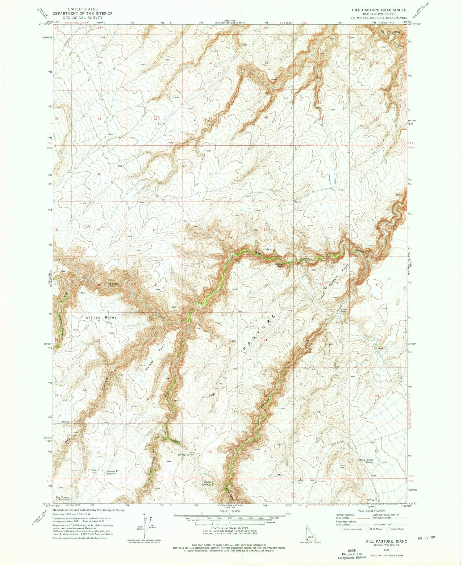 Classic USGS Hill Pasture Idaho 7.5'x7.5' Topo Map Image