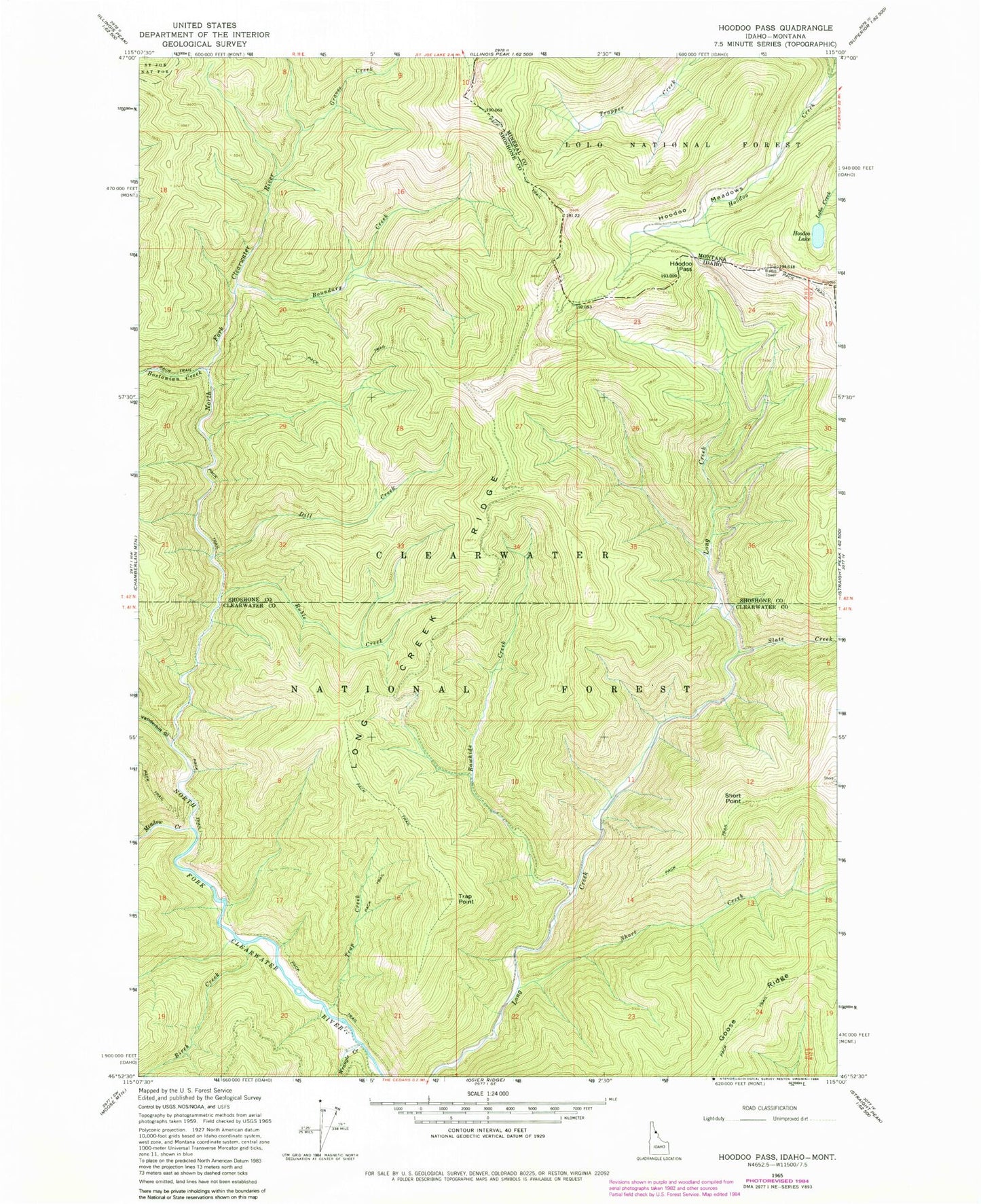Classic USGS Hoodoo Pass Idaho 7.5'x7.5' Topo Map Image