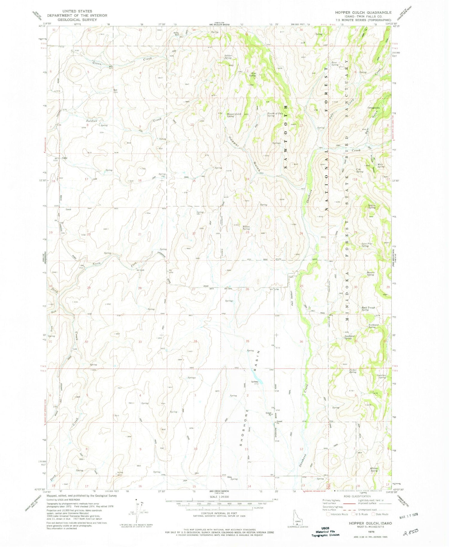 Classic USGS Hopper Gulch Idaho 7.5'x7.5' Topo Map Image