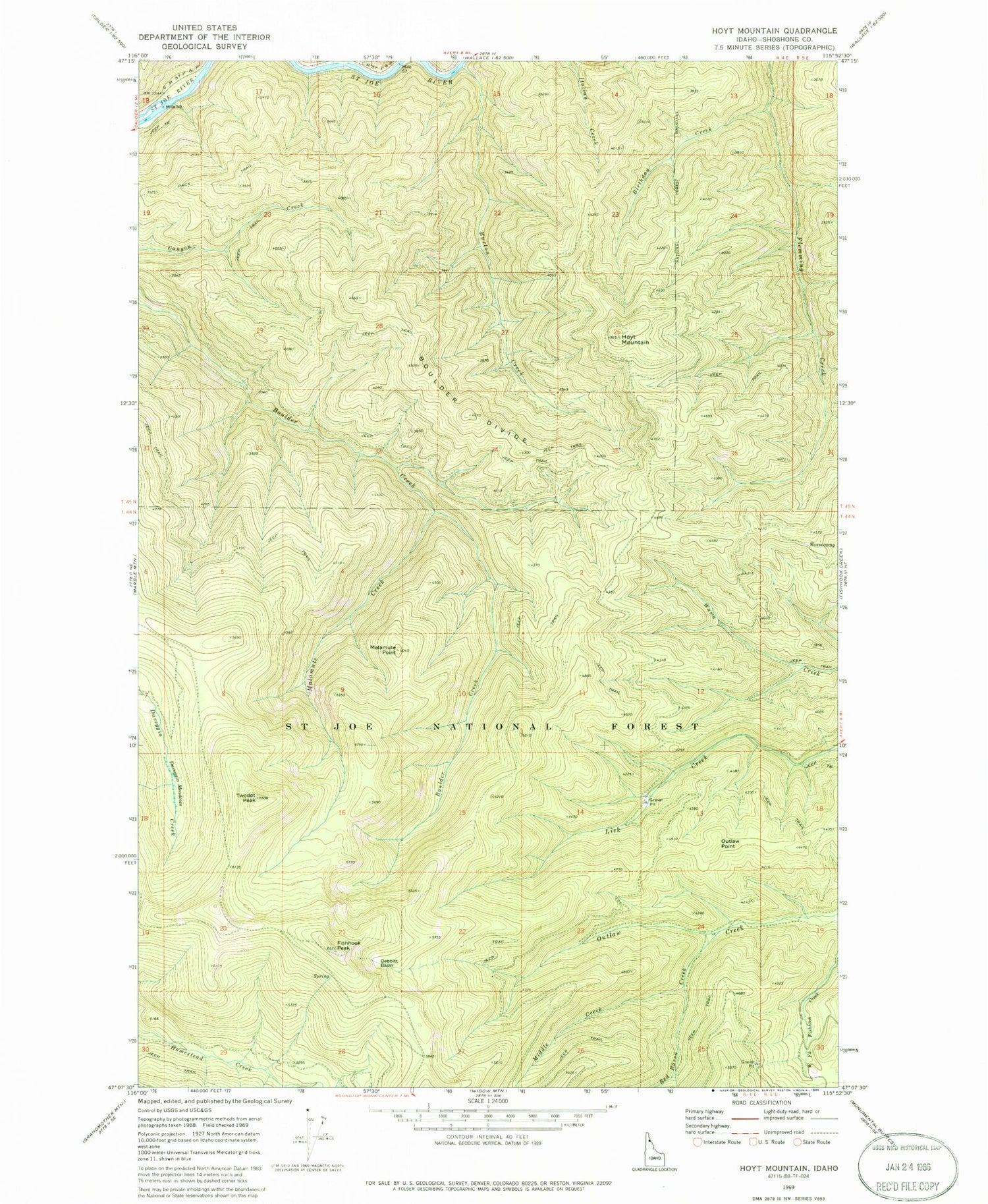 Classic USGS Hoyt Mountain Idaho 7.5'x7.5' Topo Map Image