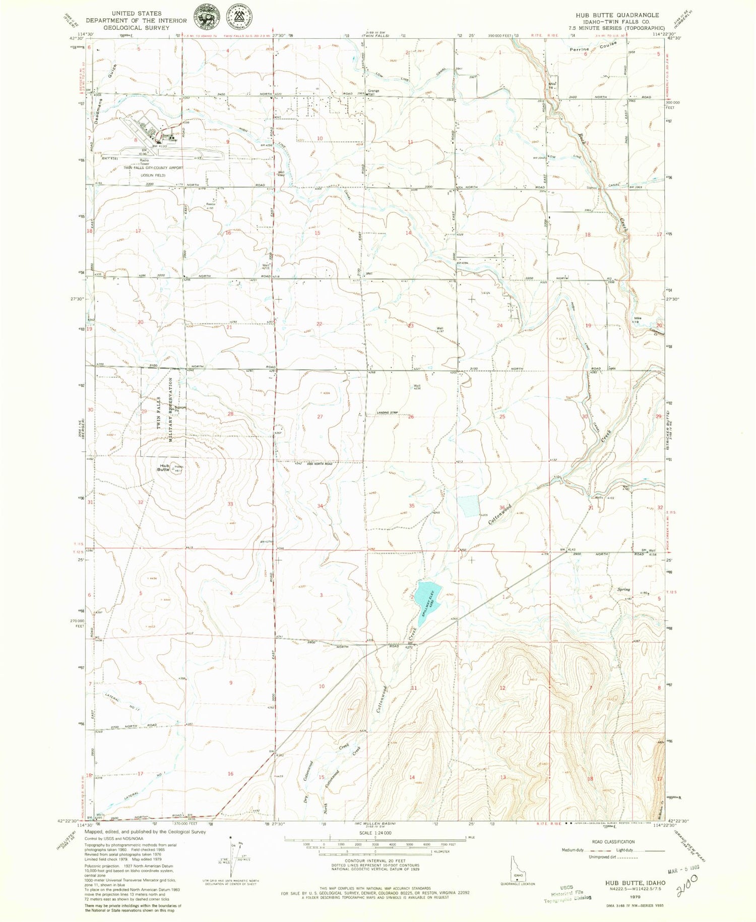 Classic USGS Hub Butte Idaho 7.5'x7.5' Topo Map Image