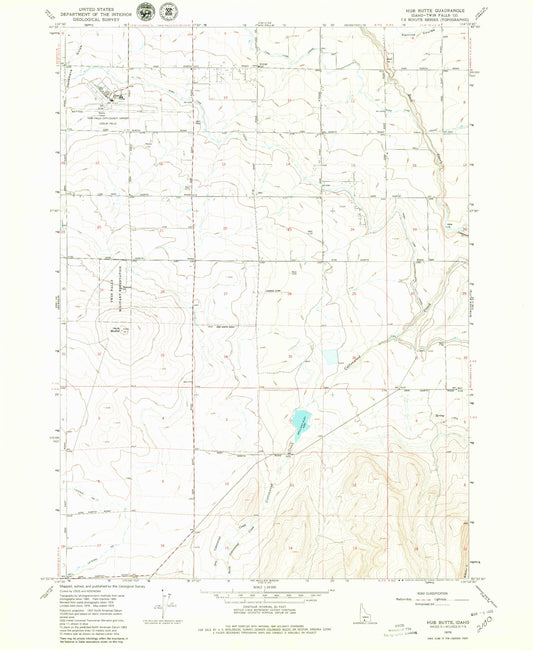 Classic USGS Hub Butte Idaho 7.5'x7.5' Topo Map Image