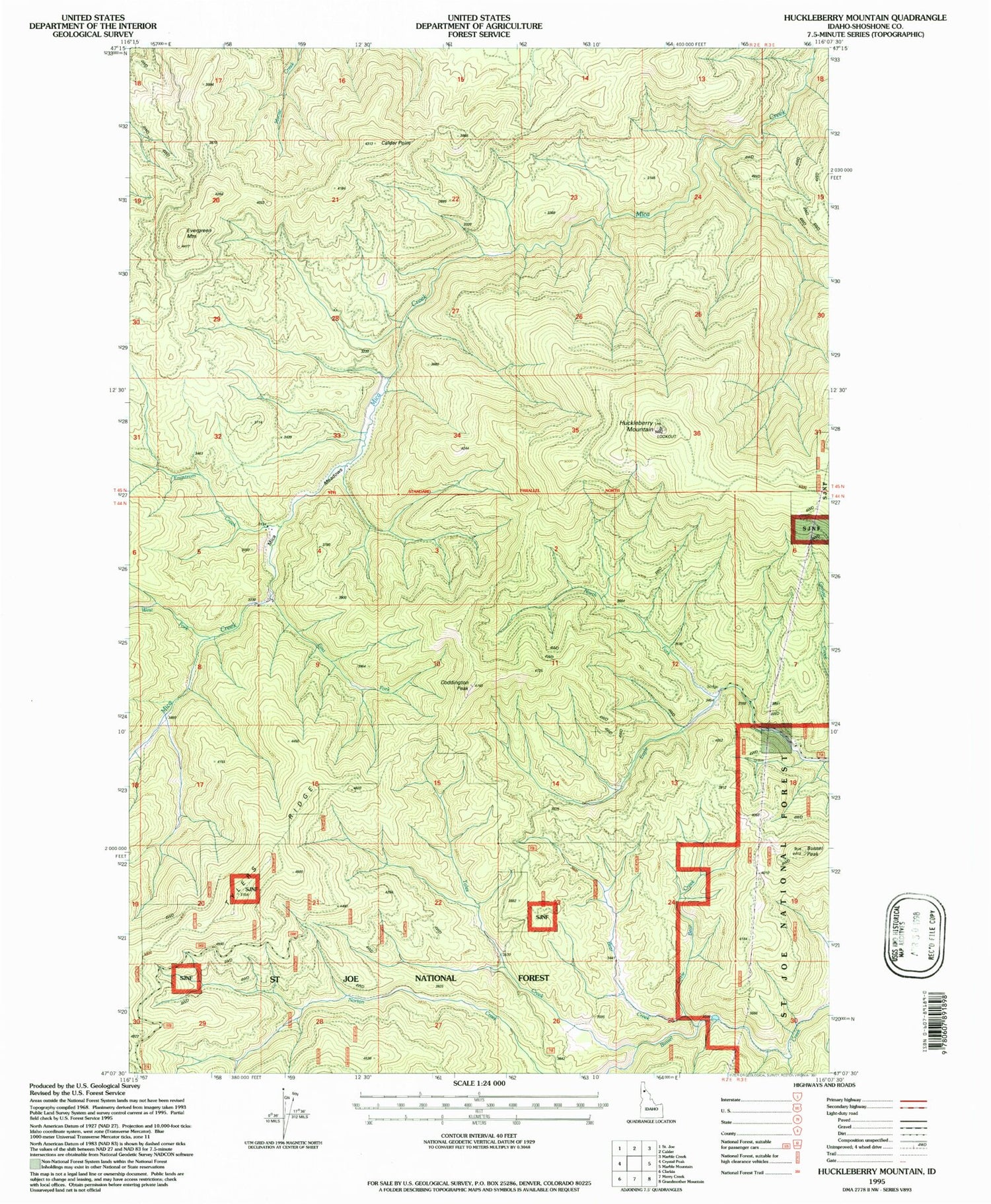 Classic USGS Huckleberry Mountain Idaho 7.5'x7.5' Topo Map Image