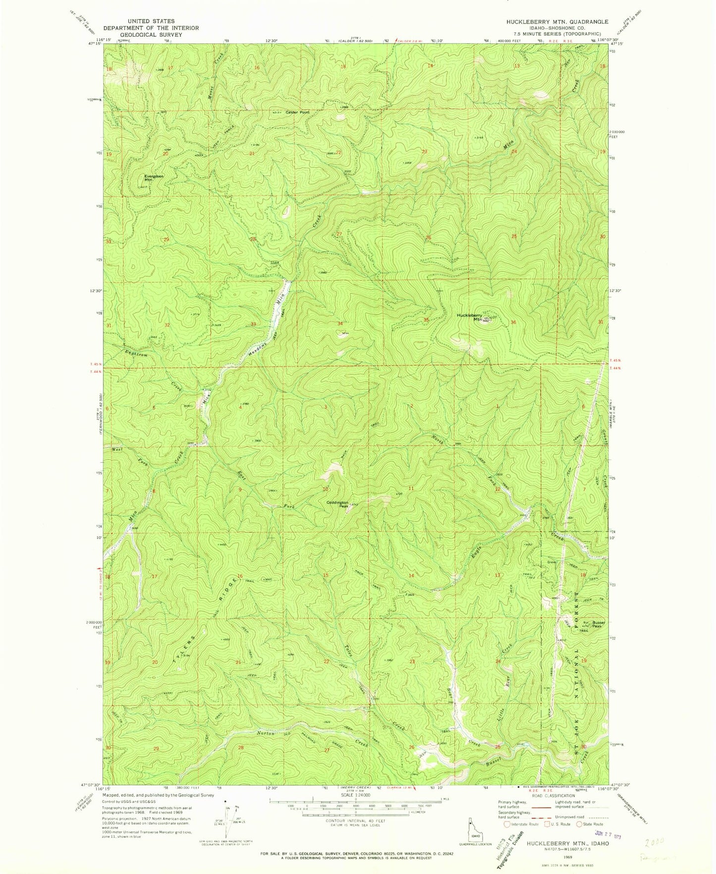 Classic USGS Huckleberry Mountain Idaho 7.5'x7.5' Topo Map Image