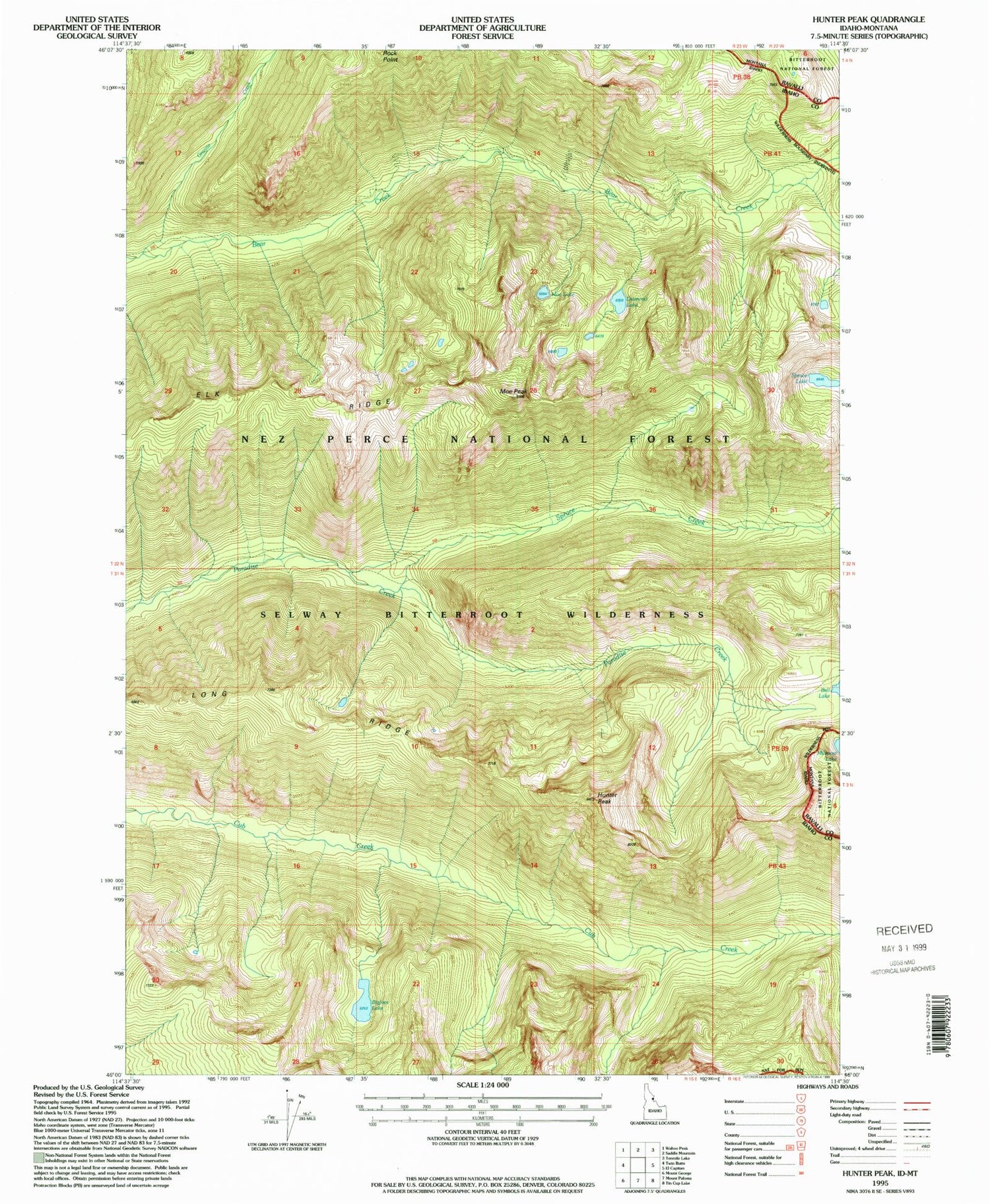 Classic USGS Hunter Peak Idaho 7.5'x7.5' Topo Map Image