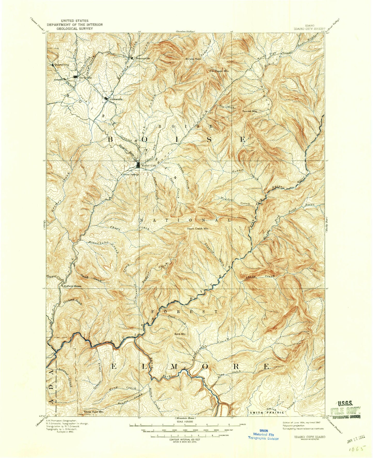 Historic 1894 Idaho City Idaho 30'x30' Topo Map Image