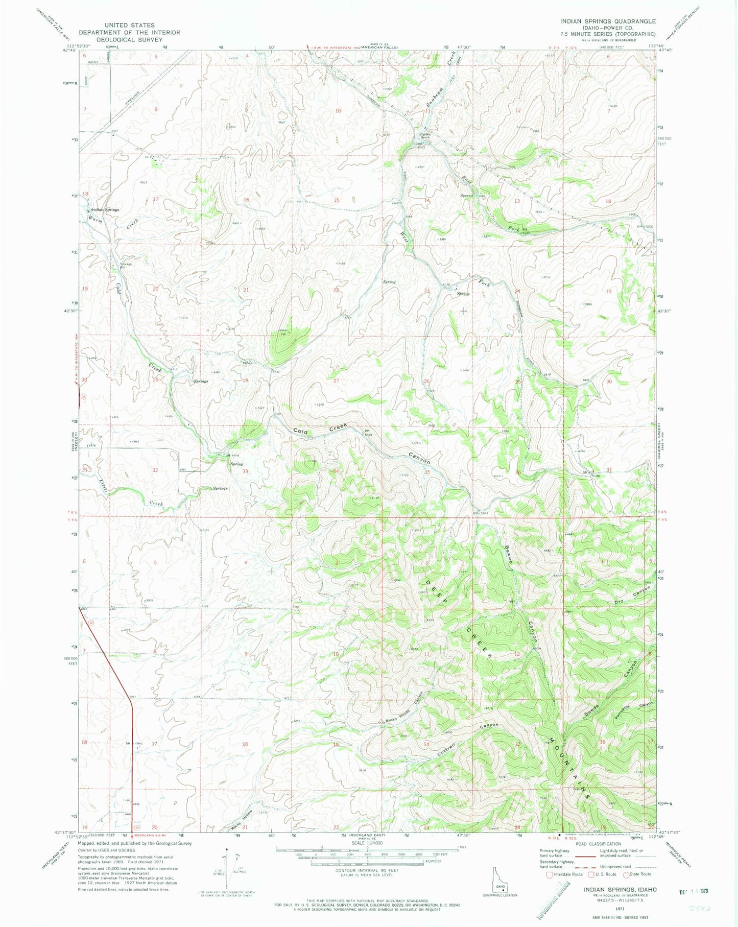 Classic USGS Indian Springs Idaho 7.5'x7.5' Topo Map Image