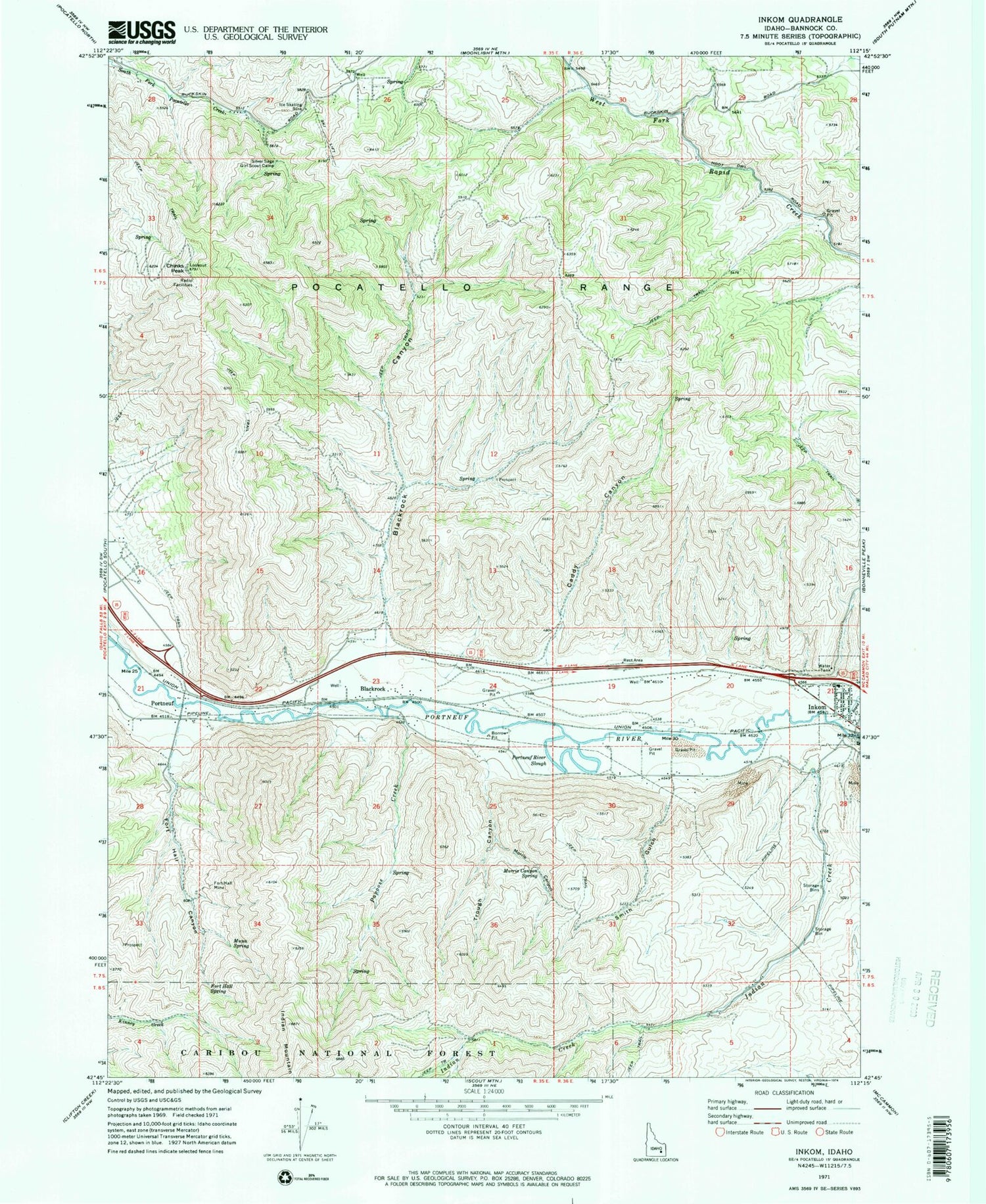 Classic USGS Inkom Idaho 7.5'x7.5' Topo Map Image