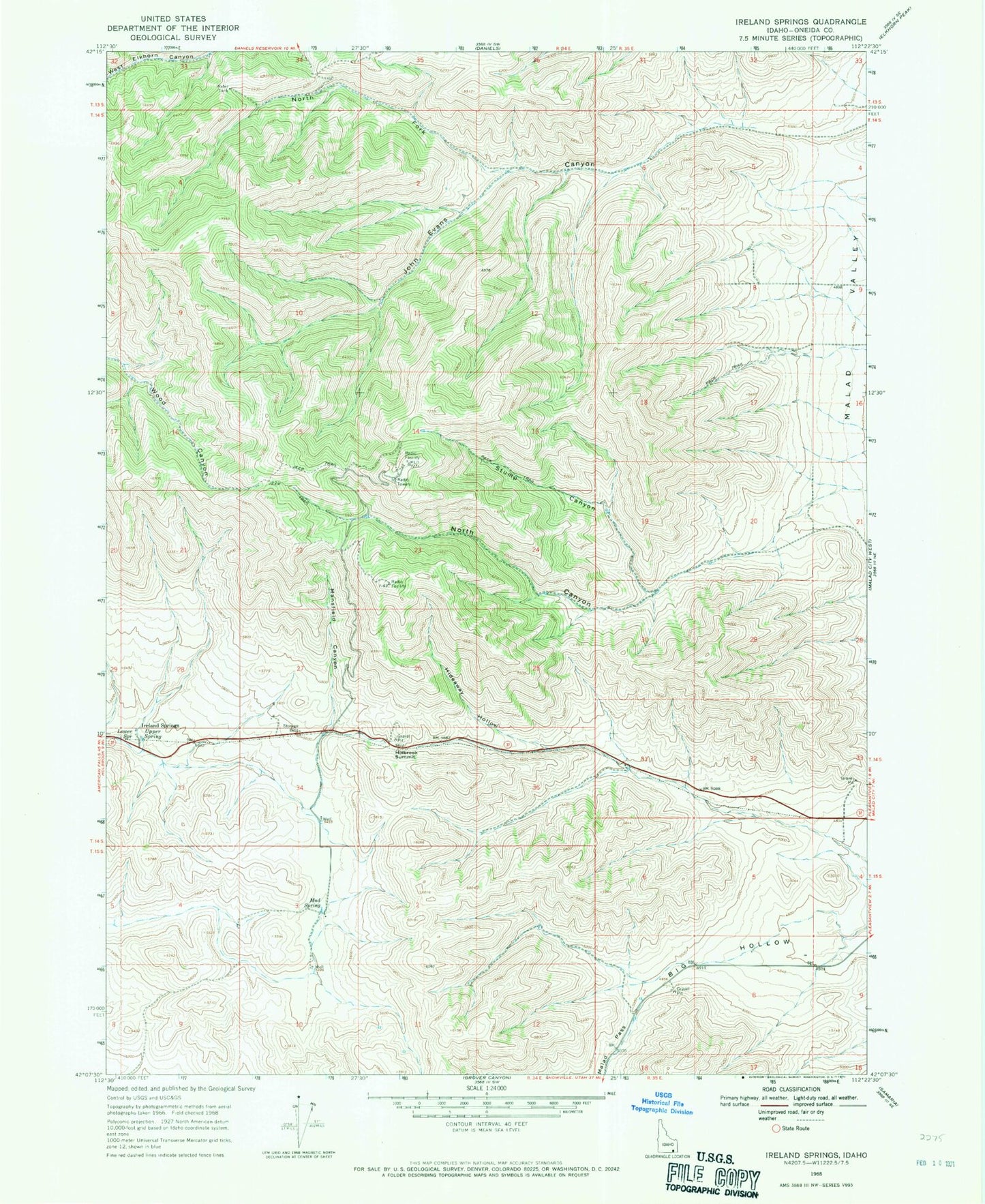 Classic USGS Ireland Springs Idaho 7.5'x7.5' Topo Map Image