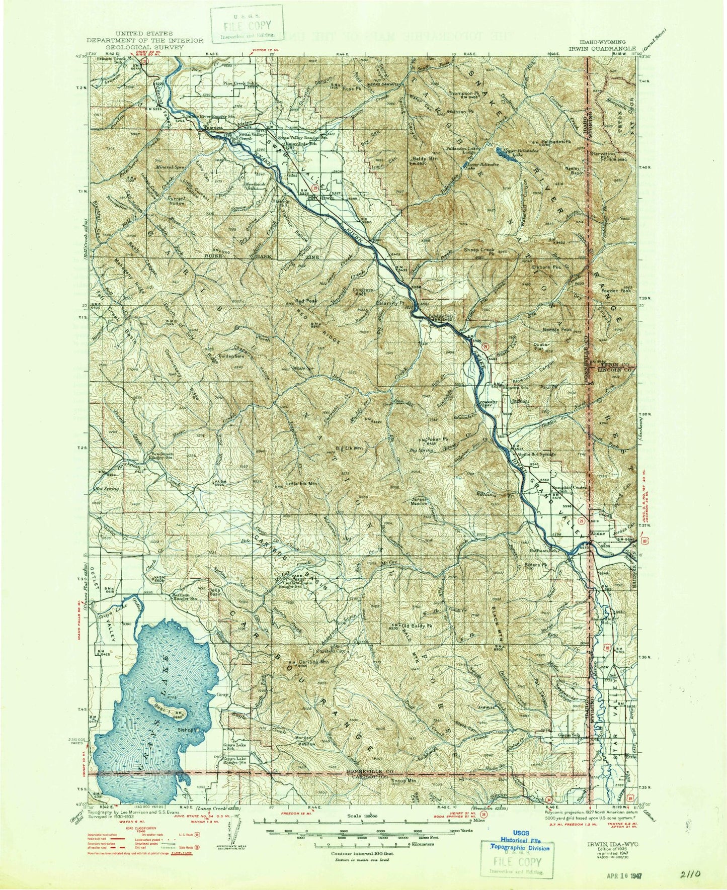 Historic 1935 Irwin Idaho 30'x30' Topo Map Image