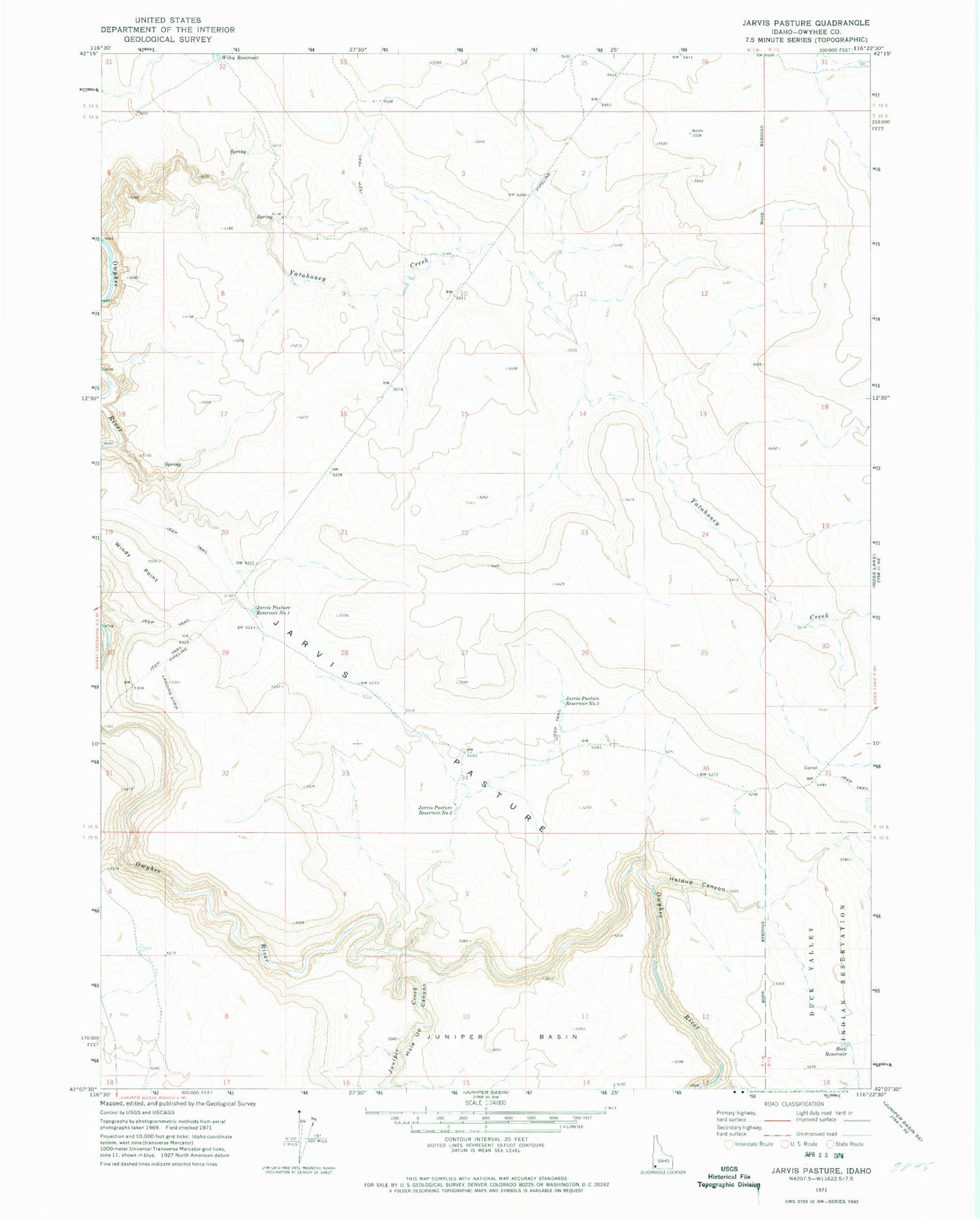 Classic USGS Jarvis Pasture Idaho 7.5'x7.5' Topo Map Image