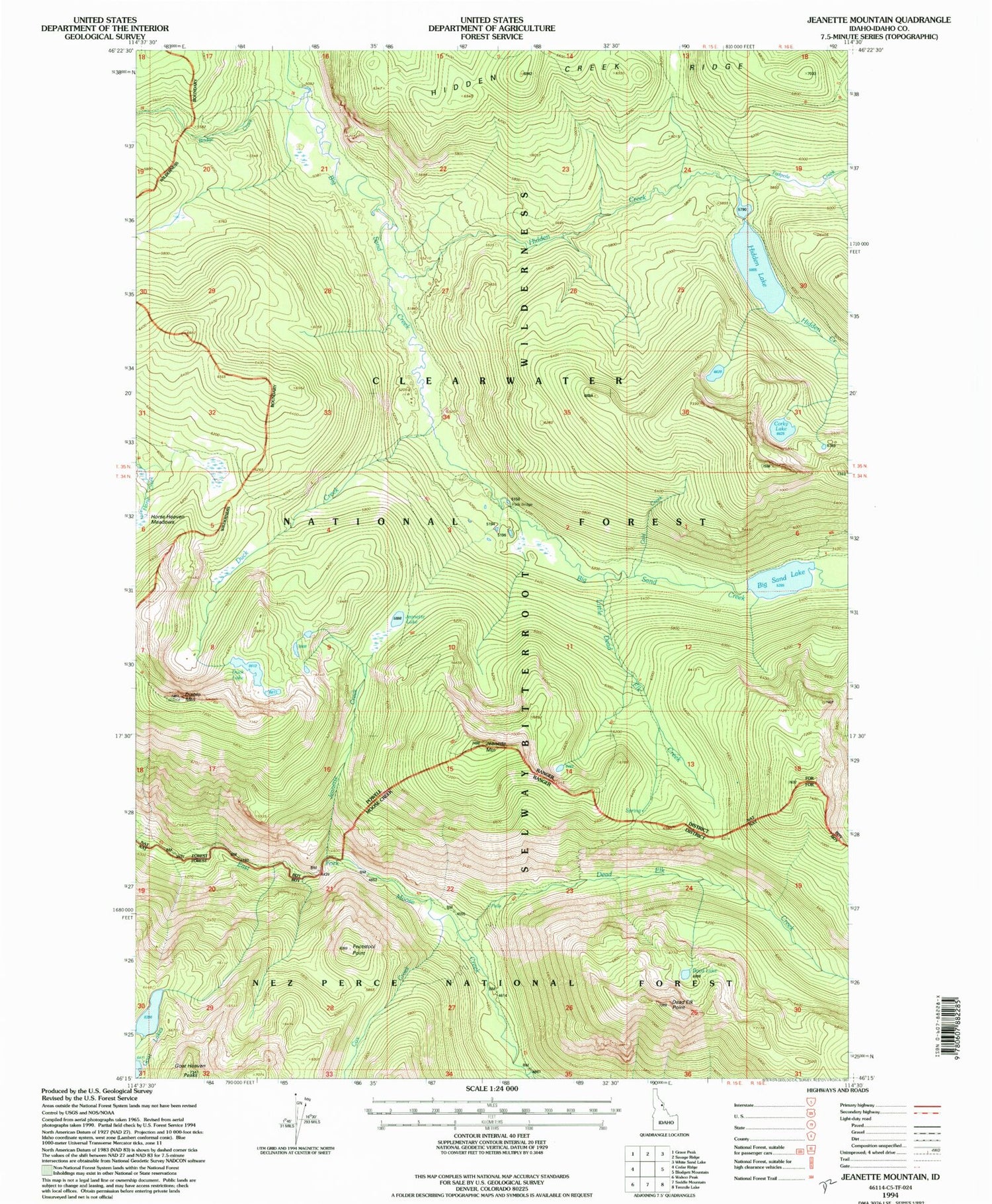 Classic USGS Jeanette Mountain Idaho 7.5'x7.5' Topo Map Image