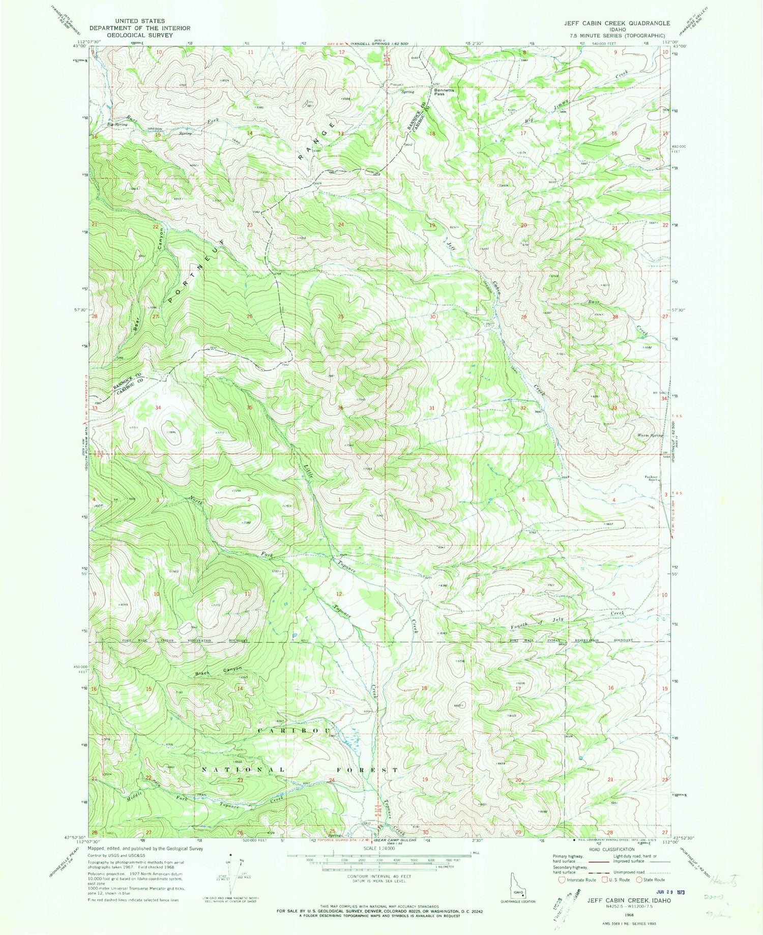 Classic USGS Jeff Cabin Creek Idaho 7.5'x7.5' Topo Map Image