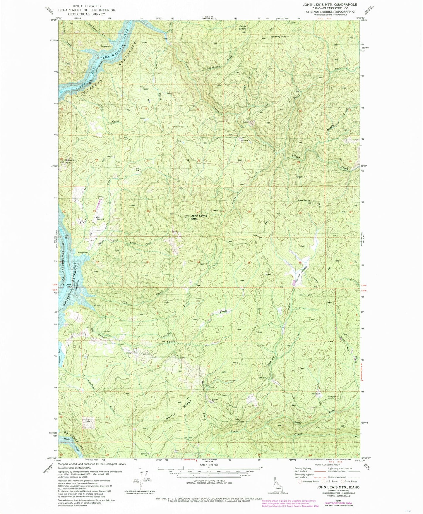 Classic USGS John Lewis Mountain Idaho 7.5'x7.5' Topo Map Image