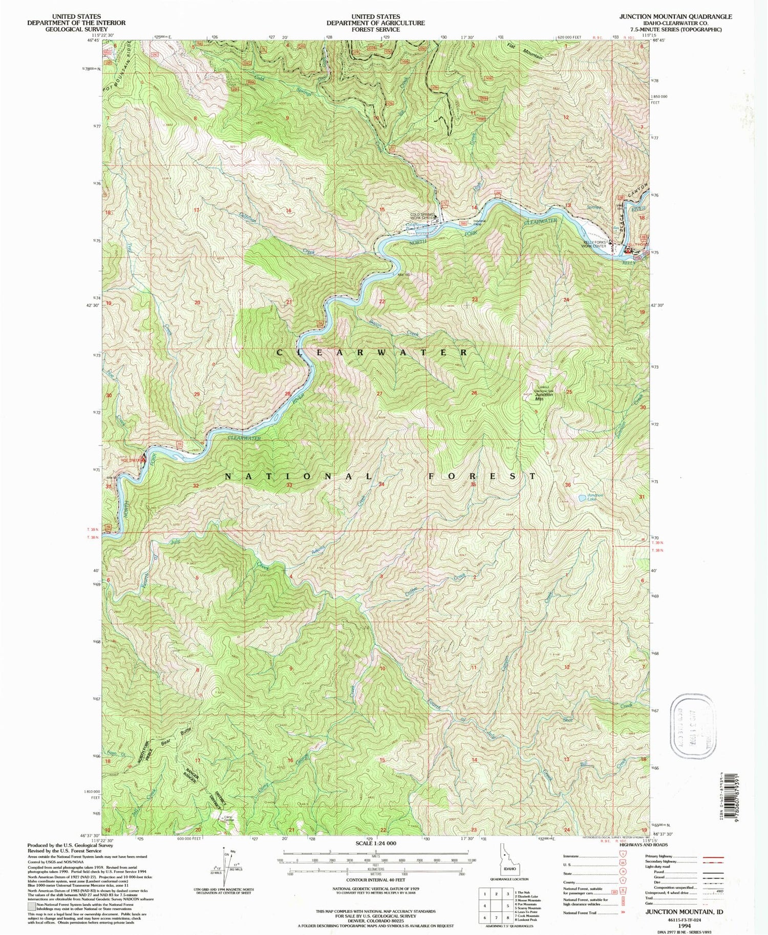 Classic USGS Junction Mountain Idaho 7.5'x7.5' Topo Map Image