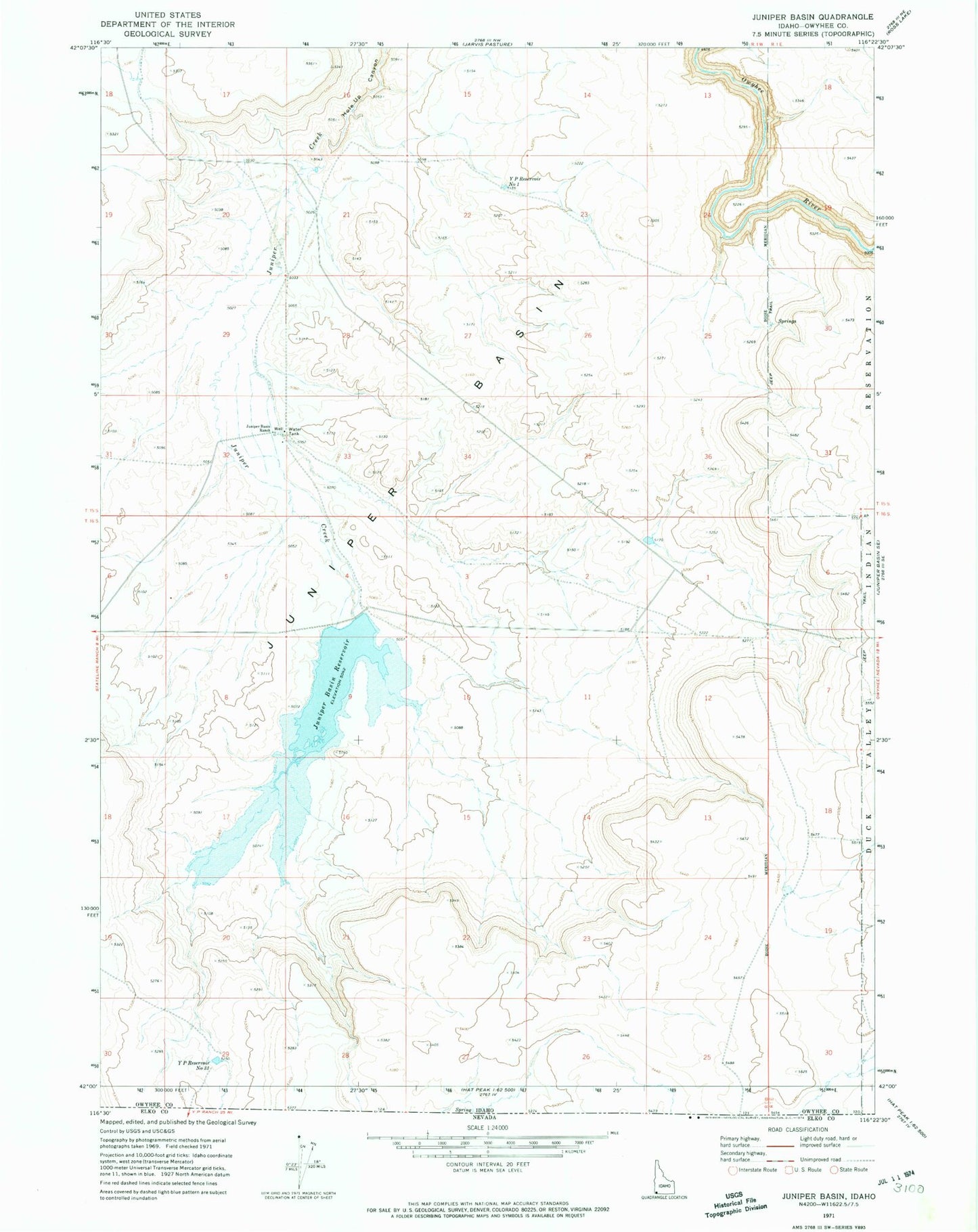 Classic USGS Juniper Basin Idaho 7.5'x7.5' Topo Map Image