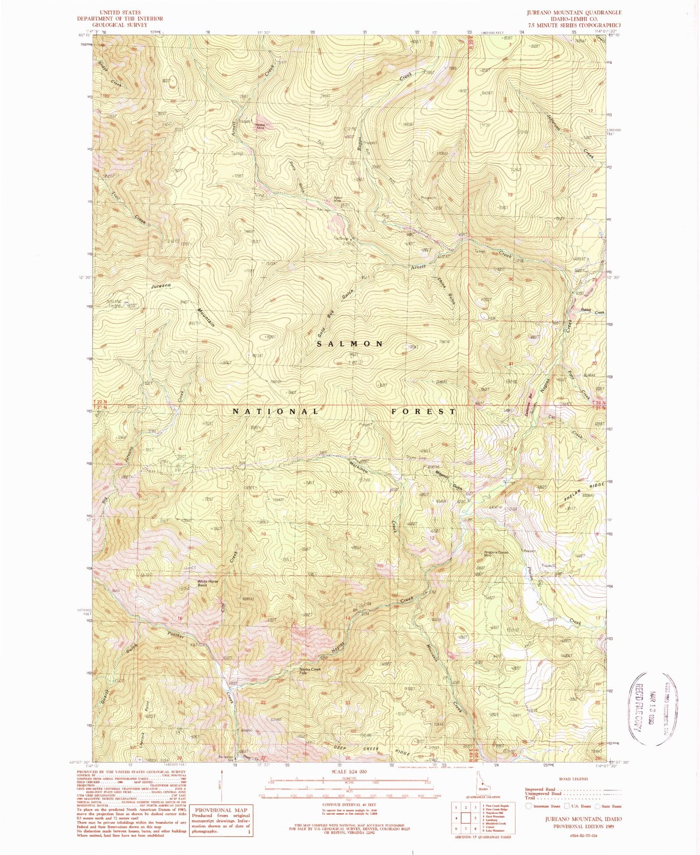 Classic USGS Jureano Mountain Idaho 7.5'x7.5' Topo Map Image