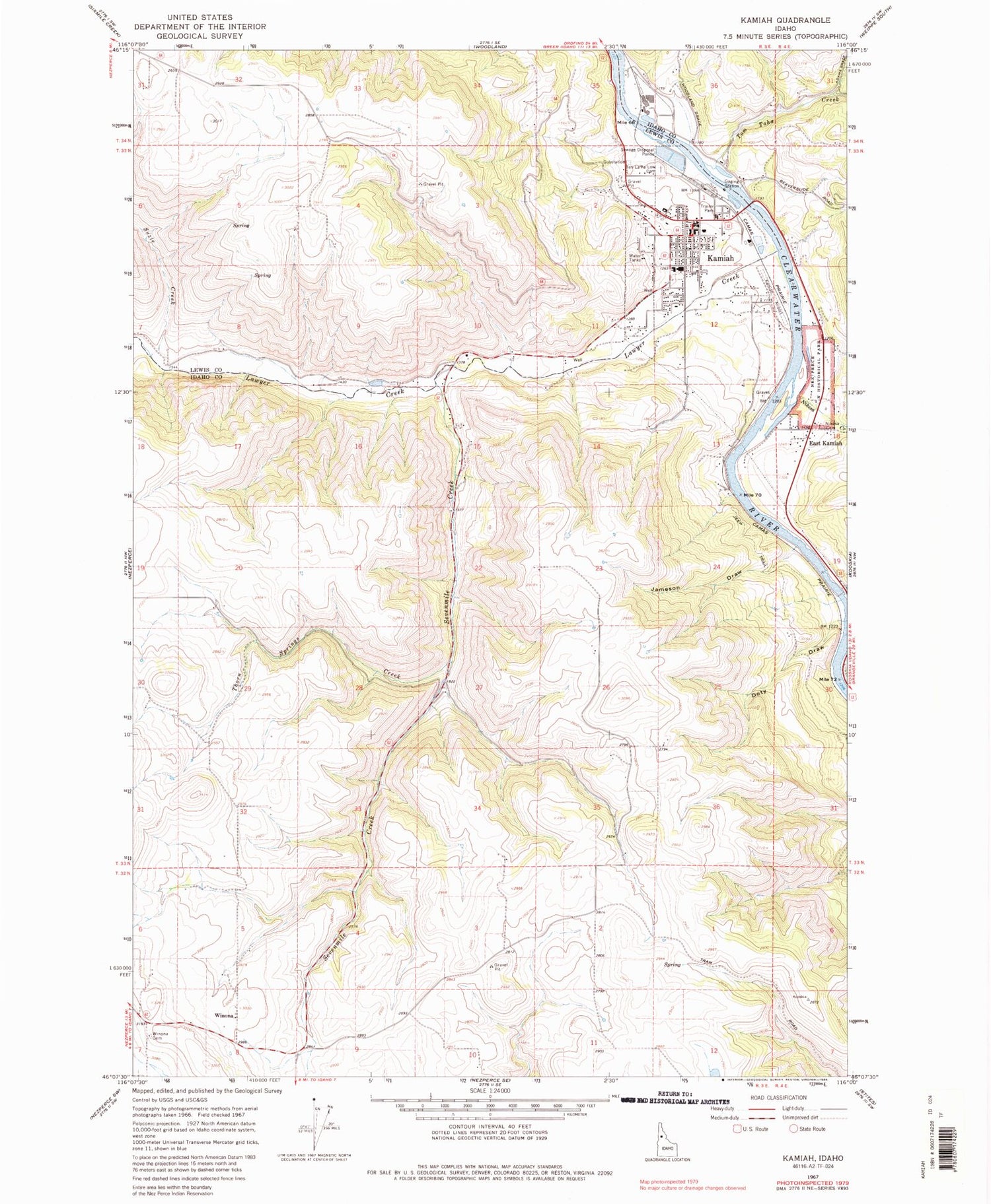 Classic USGS Kamiah Idaho 7.5'x7.5' Topo Map Image