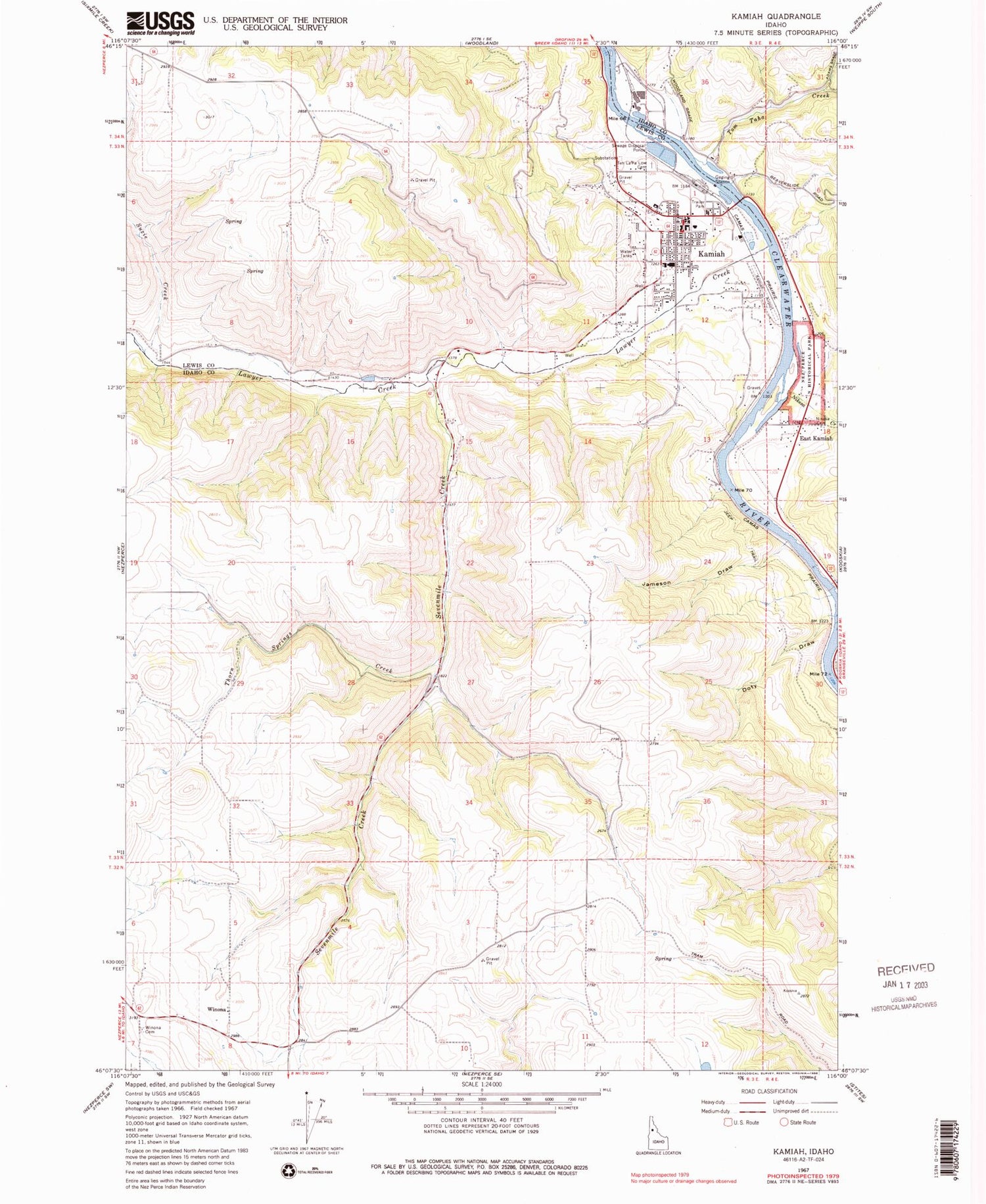 Classic USGS Kamiah Idaho 7.5'x7.5' Topo Map Image