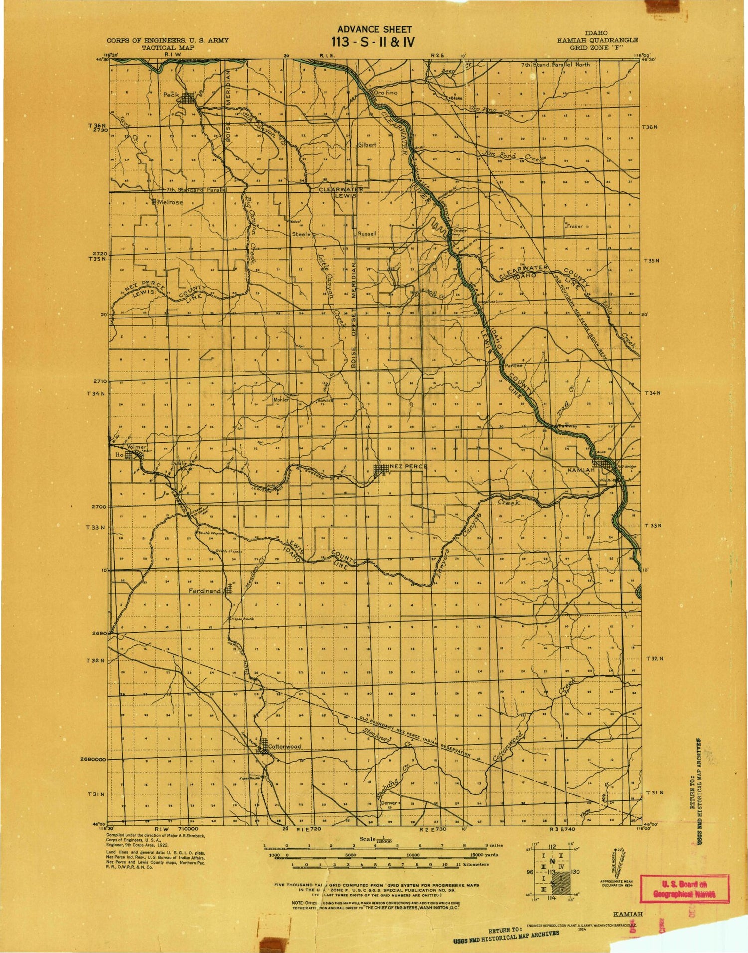 Historic 1924 Kamiah Idaho 30'x30' Topo Map Image