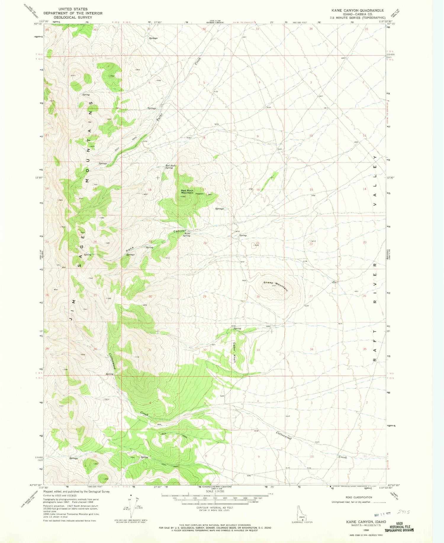 Classic USGS Kane Canyon Idaho 7.5'x7.5' Topo Map Image