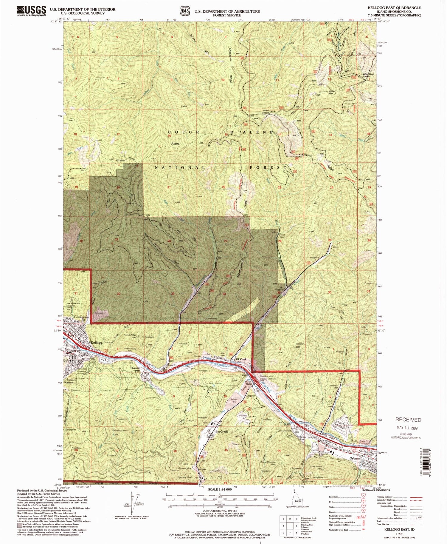 Classic USGS Kellogg East Idaho 7.5'x7.5' Topo Map Image
