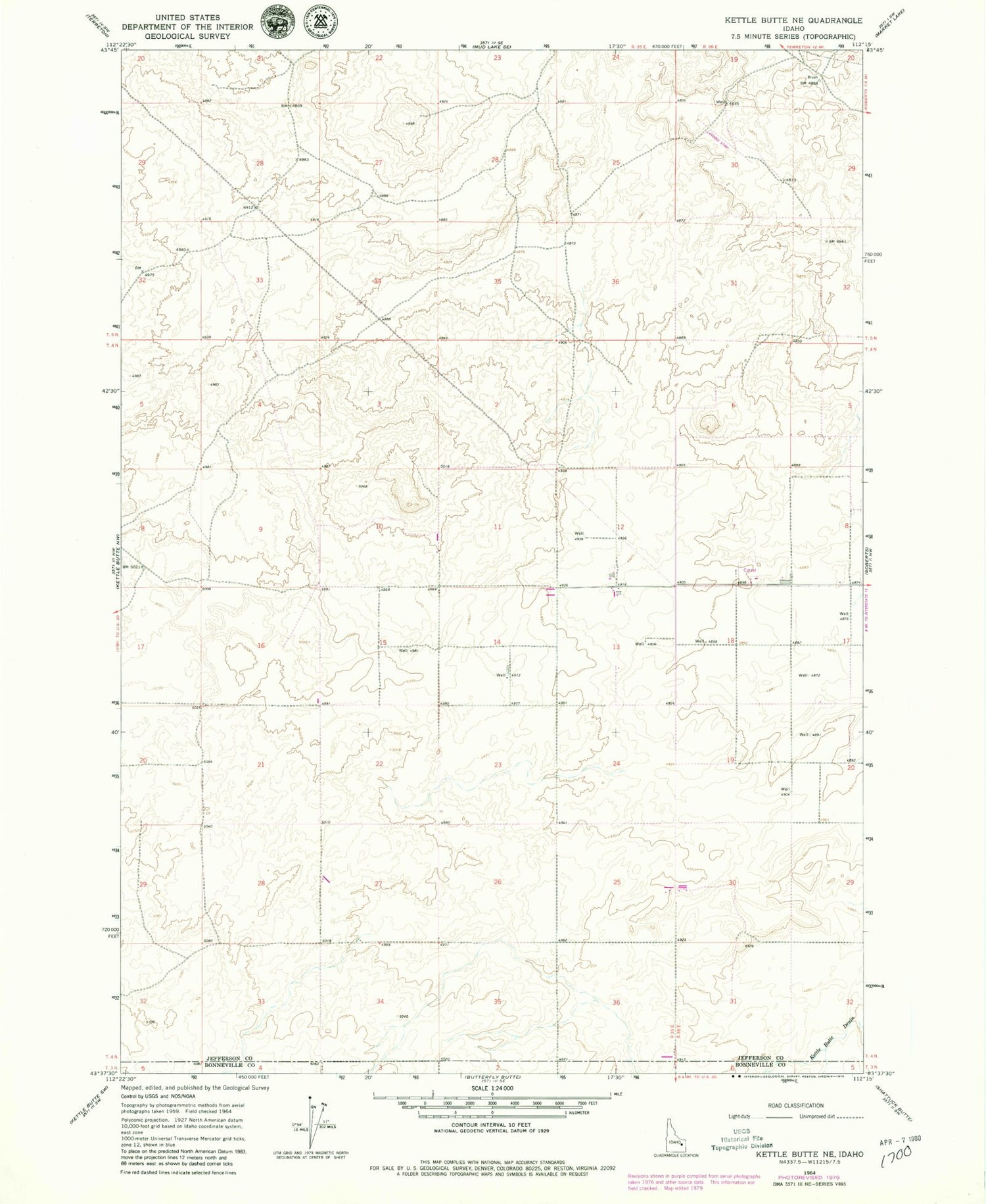 Classic USGS Kettle Butte NE Idaho 7.5'x7.5' Topo Map Image