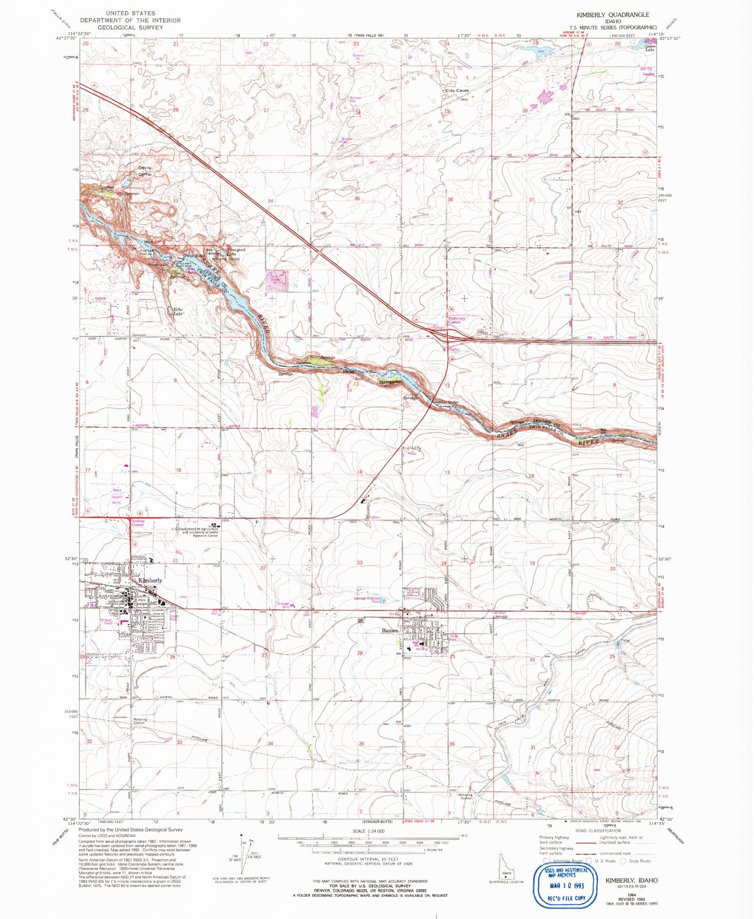 Classic USGS Kimberly Idaho 7.5'x7.5' Topo Map Image