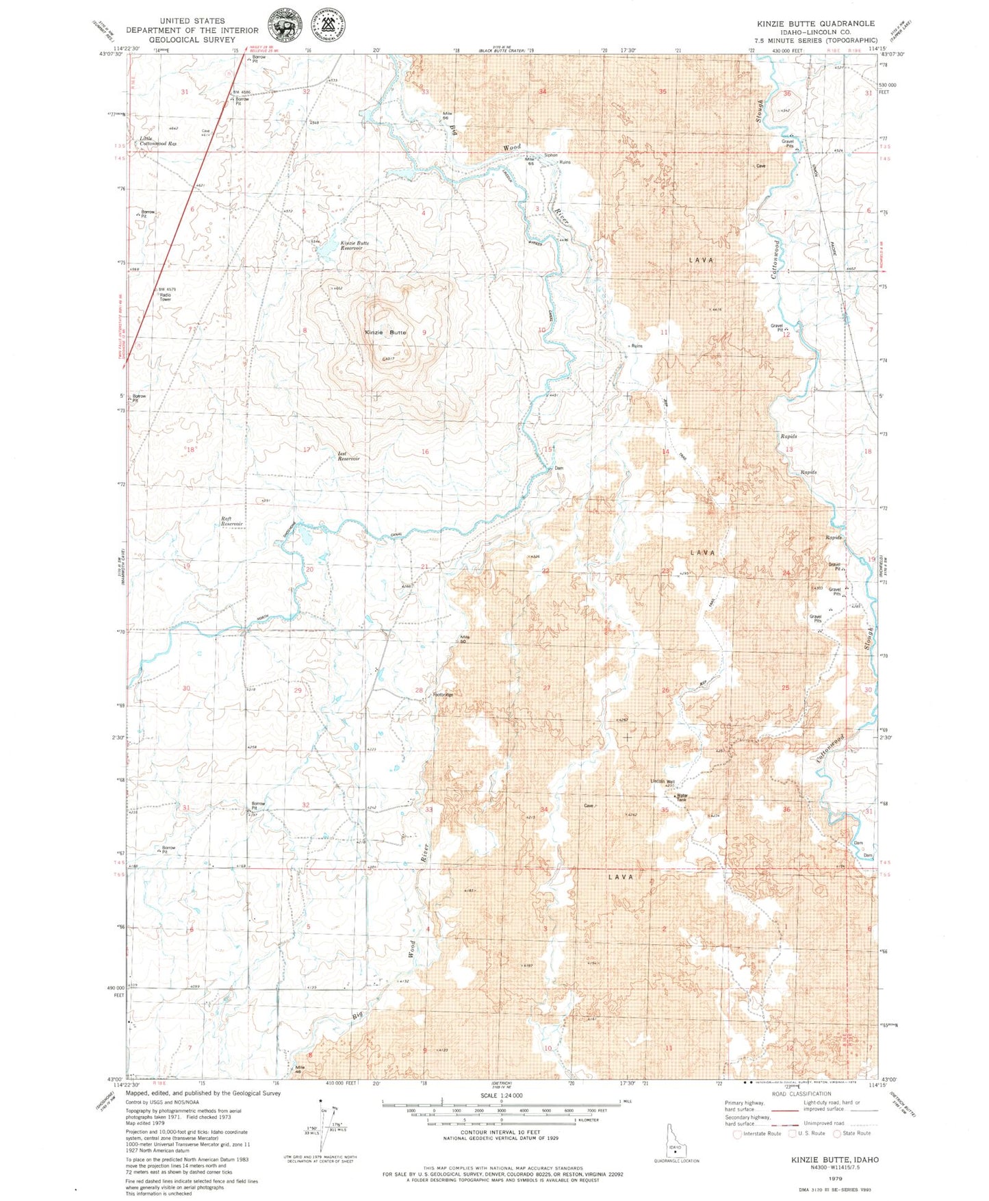 Classic USGS Kinzie Butte Idaho 7.5'x7.5' Topo Map Image