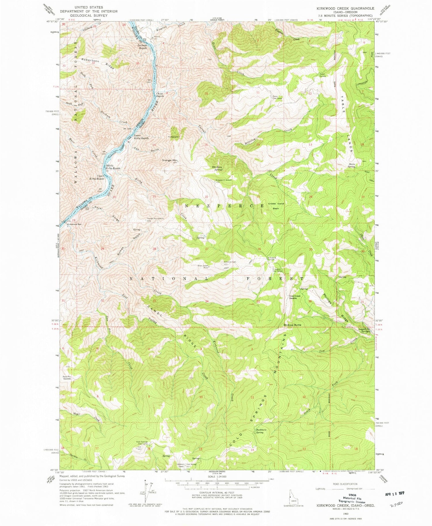 Classic USGS Kirkwood Creek Idaho 7.5'x7.5' Topo Map Image