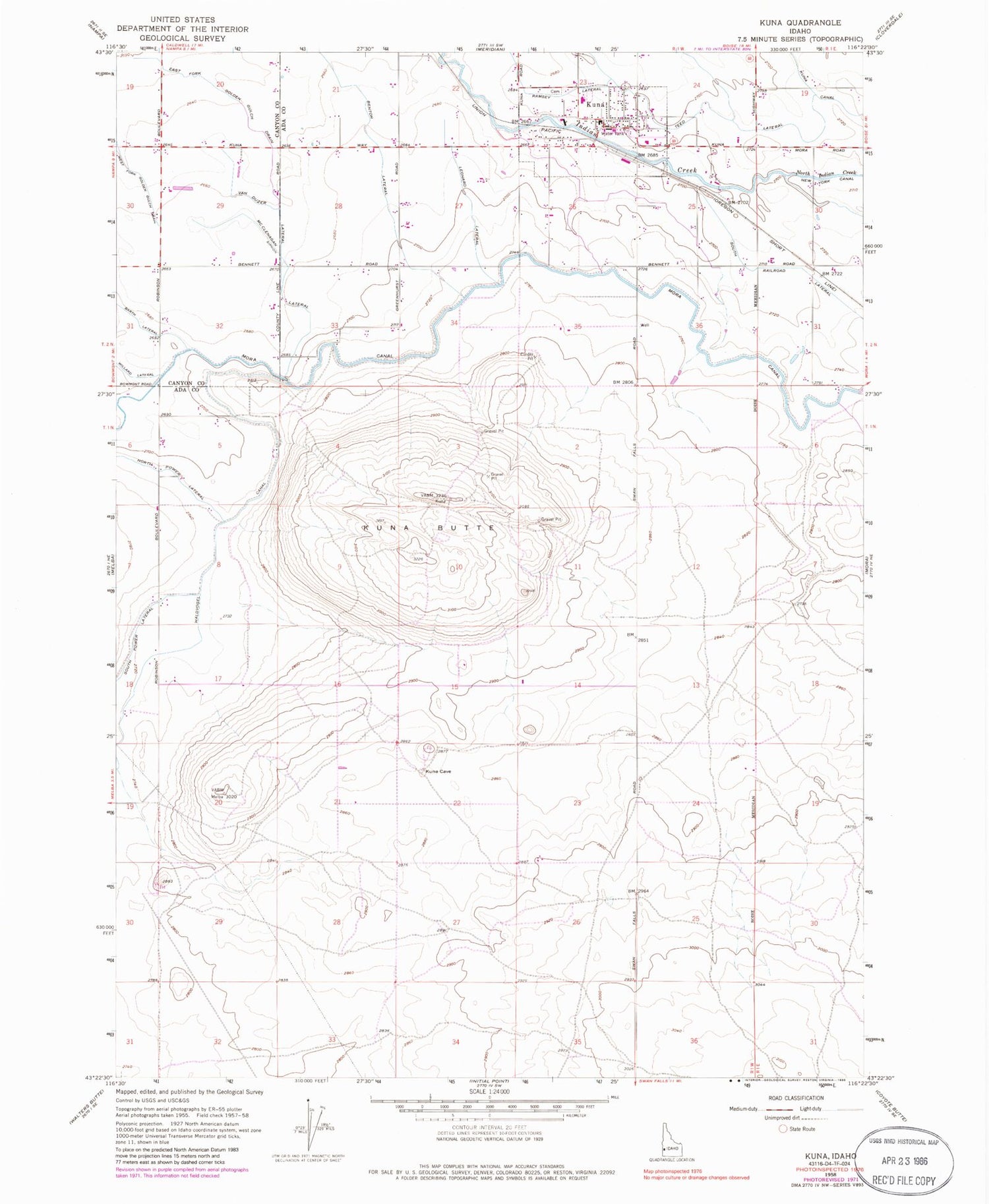 Classic USGS Kuna Idaho 7.5'x7.5' Topo Map Image