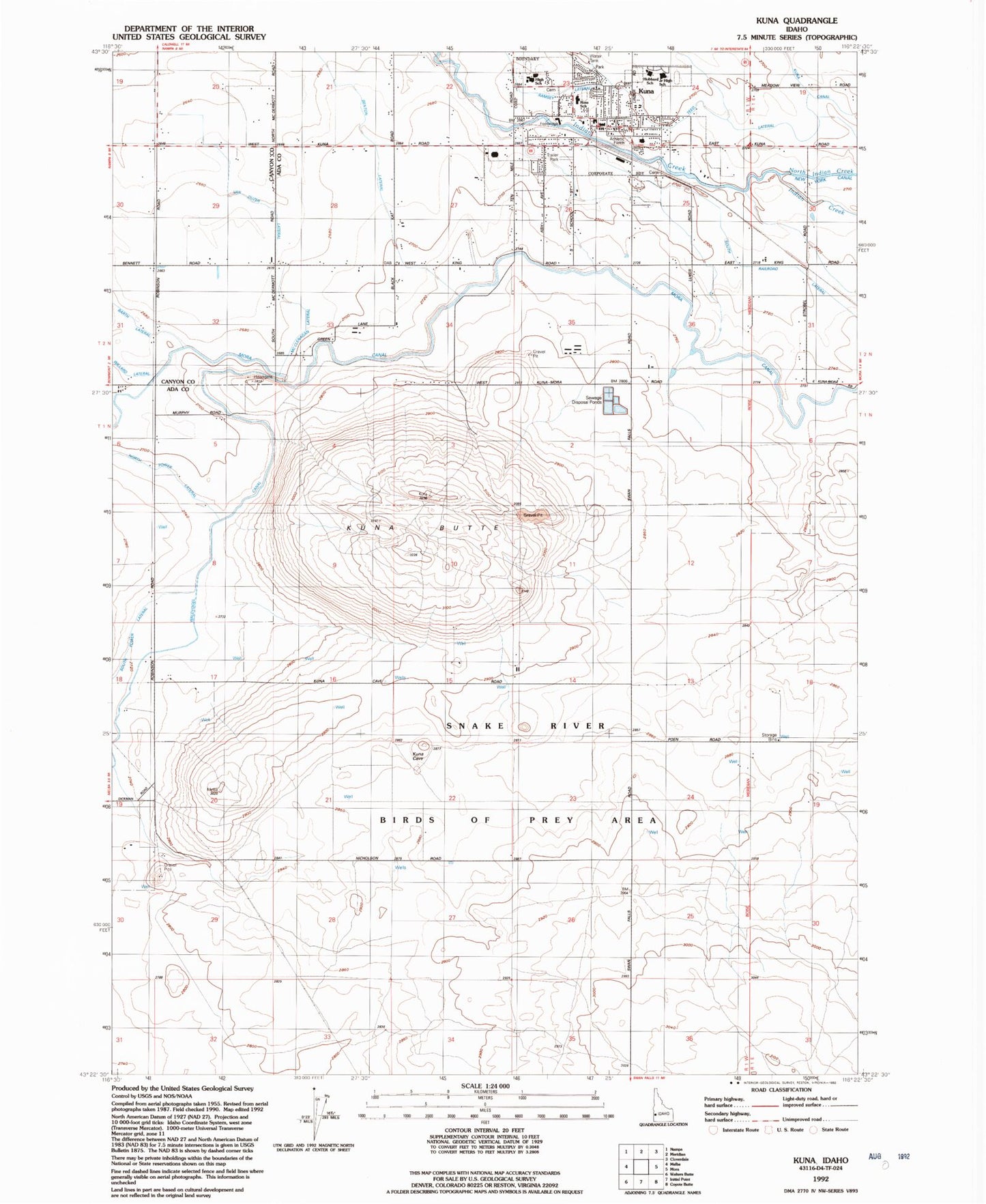 Classic USGS Kuna Idaho 7.5'x7.5' Topo Map Image