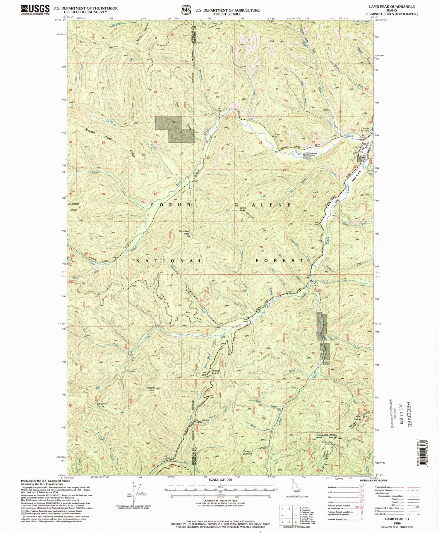 Classic USGS Lamb Peak Idaho 7.5'x7.5' Topo Map Image