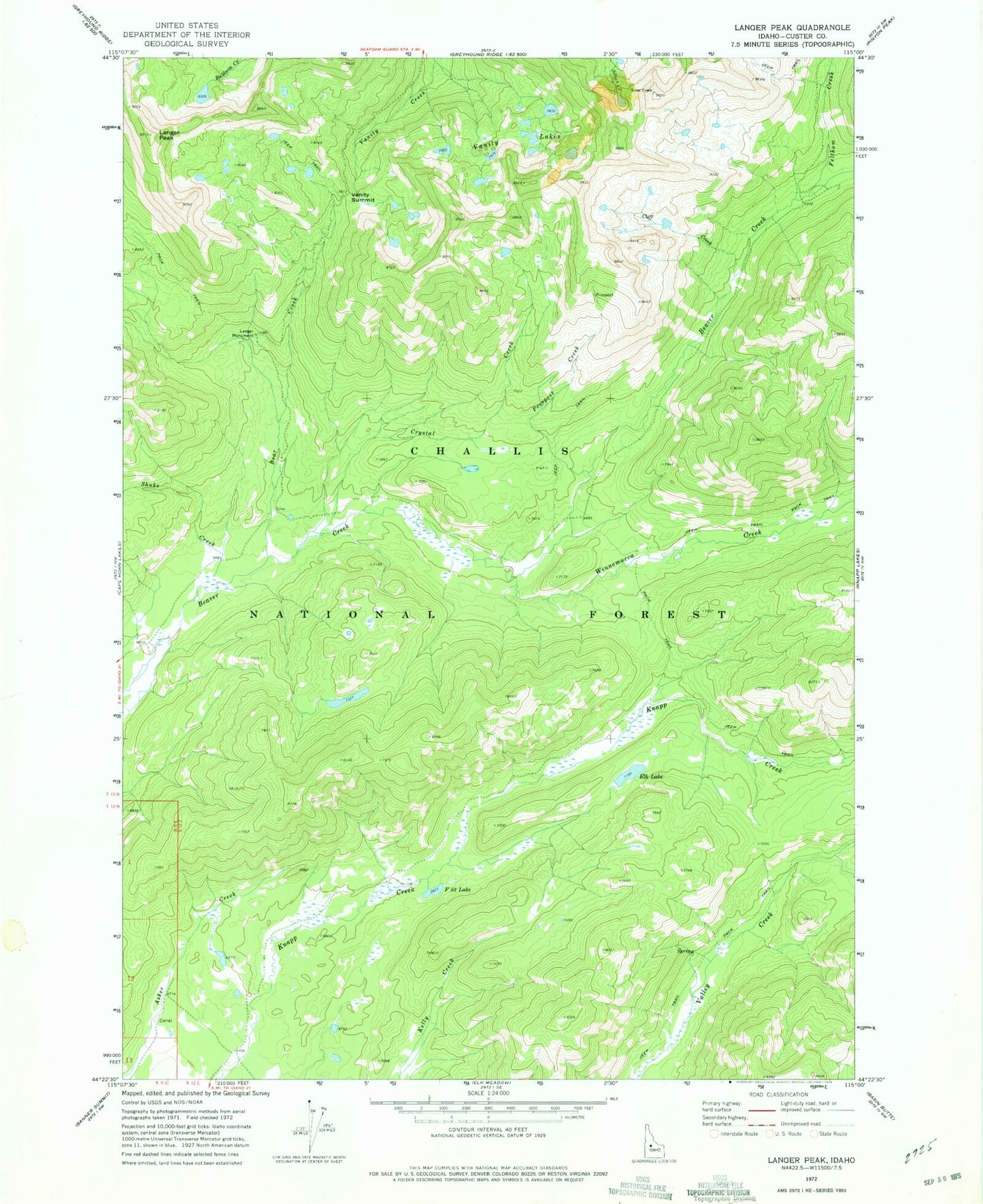 Classic USGS Langer Peak Idaho 7.5'x7.5' Topo Map Image