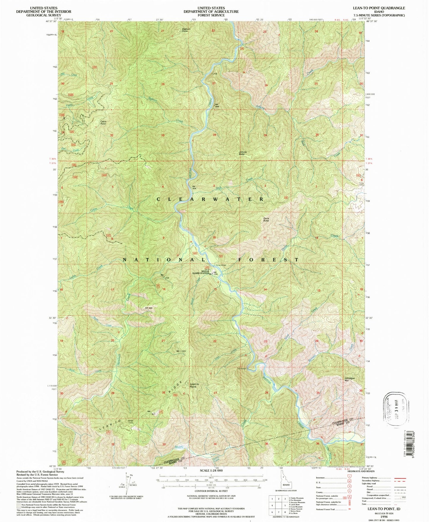Classic USGS Lean-to Point Idaho 7.5'x7.5' Topo Map Image