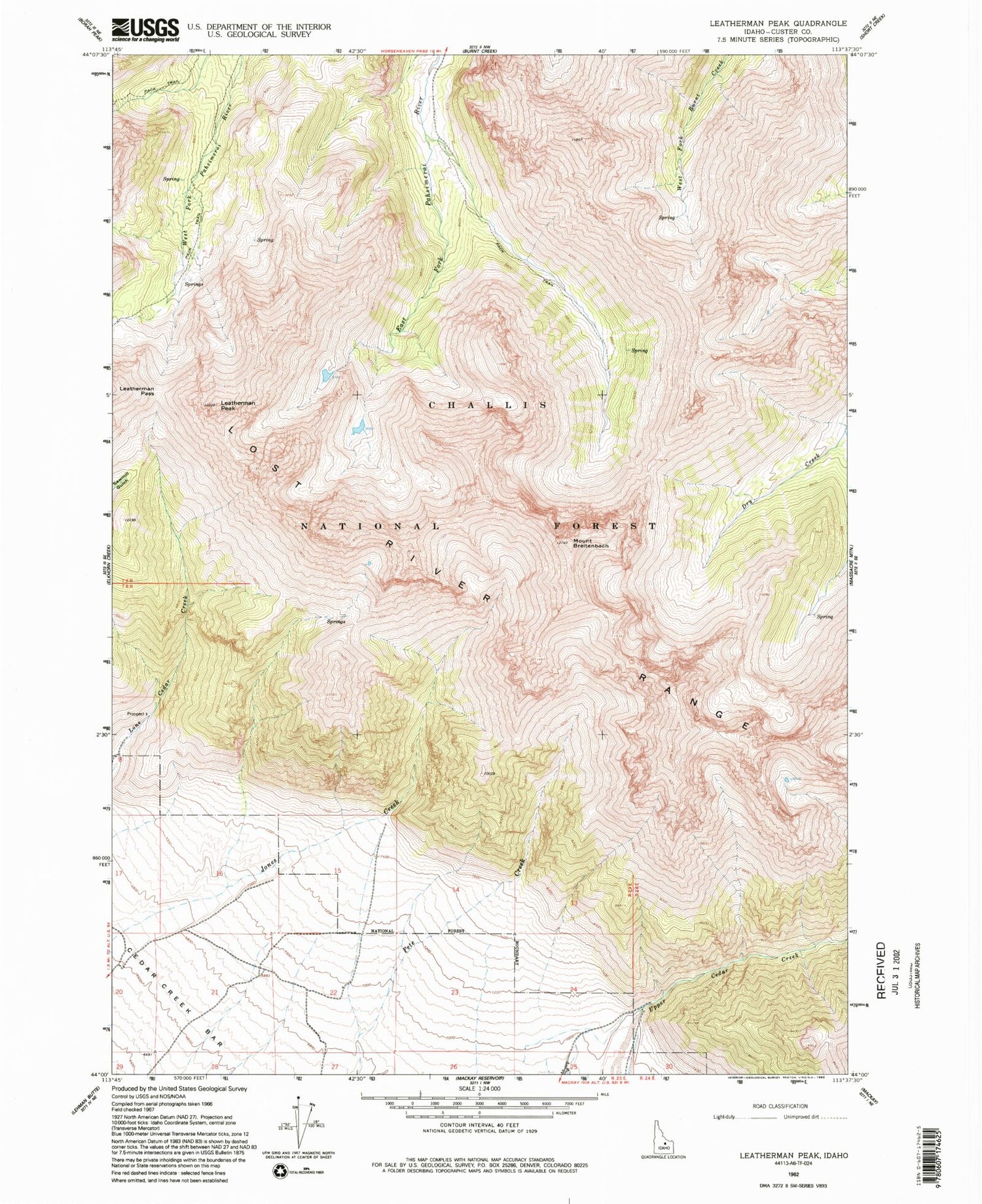 Classic USGS Leatherman Peak Idaho 7.5'x7.5' Topo Map Image