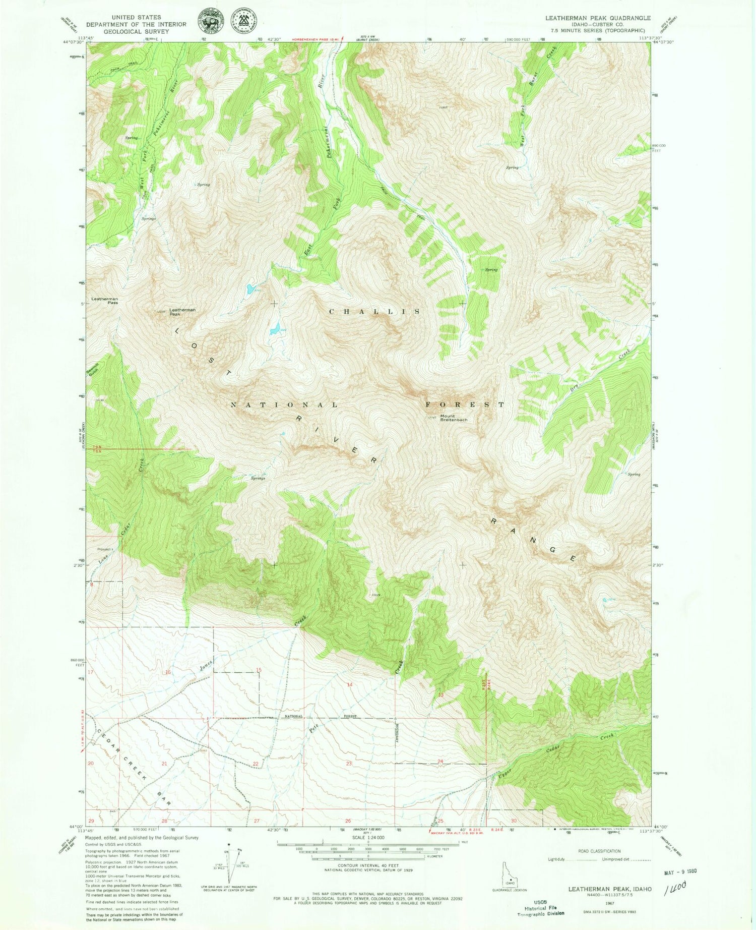 Classic USGS Leatherman Peak Idaho 7.5'x7.5' Topo Map Image