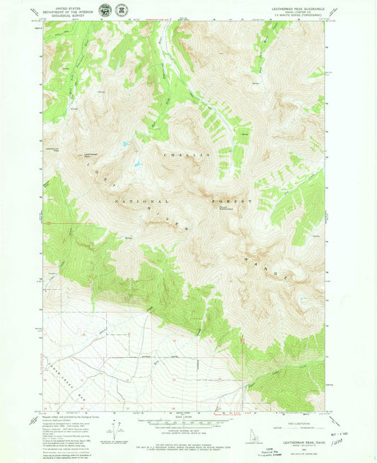 Classic USGS Leatherman Peak Idaho 7.5'x7.5' Topo Map Image