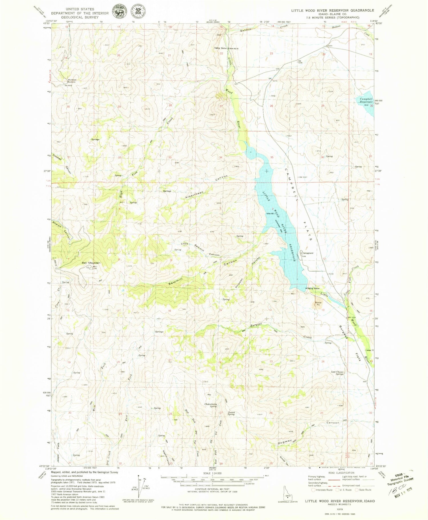 Classic USGS Little Wood River Reservoir Idaho 7.5'x7.5' Topo Map Image