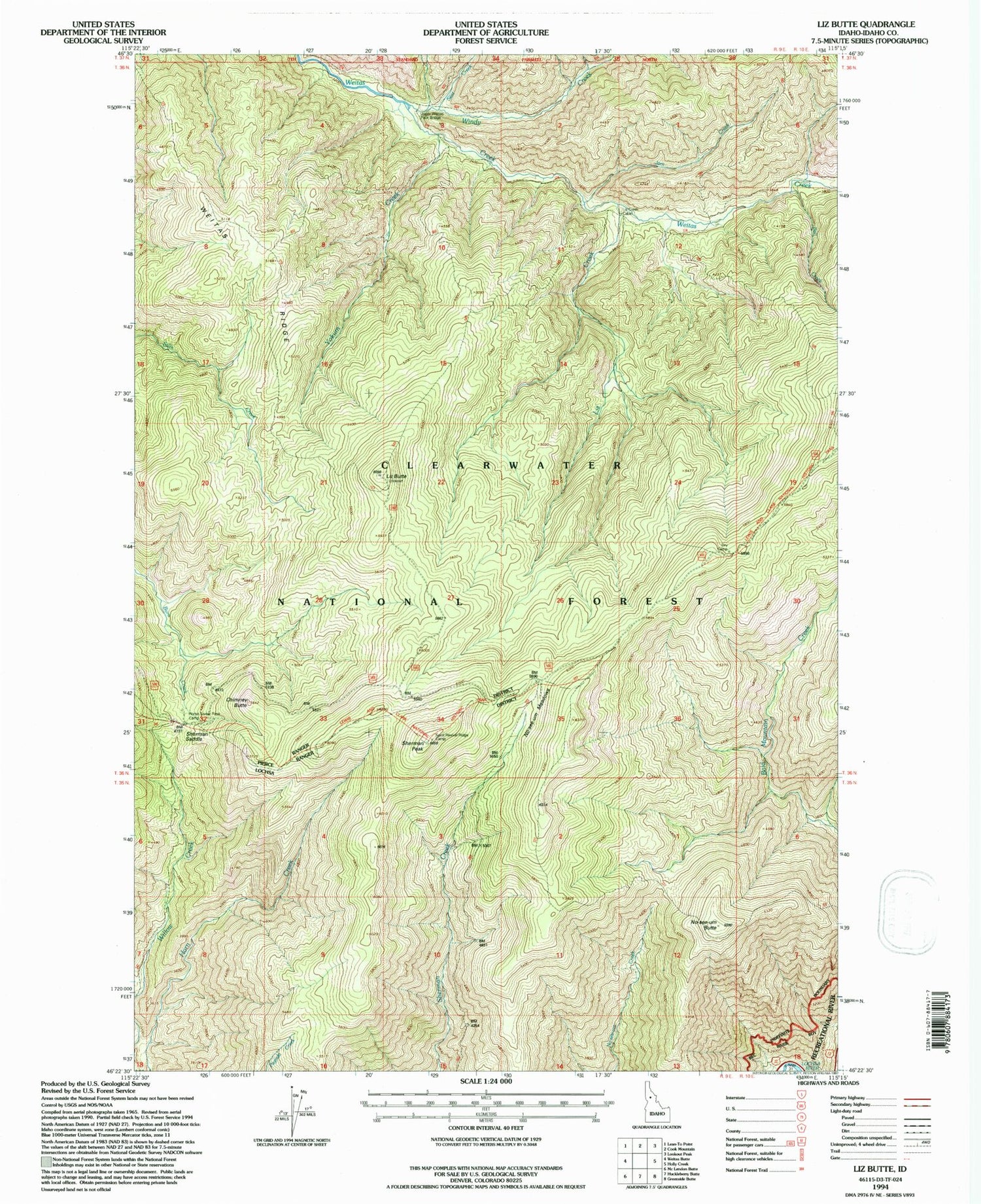 Classic USGS Liz Butte Idaho 7.5'x7.5' Topo Map Image