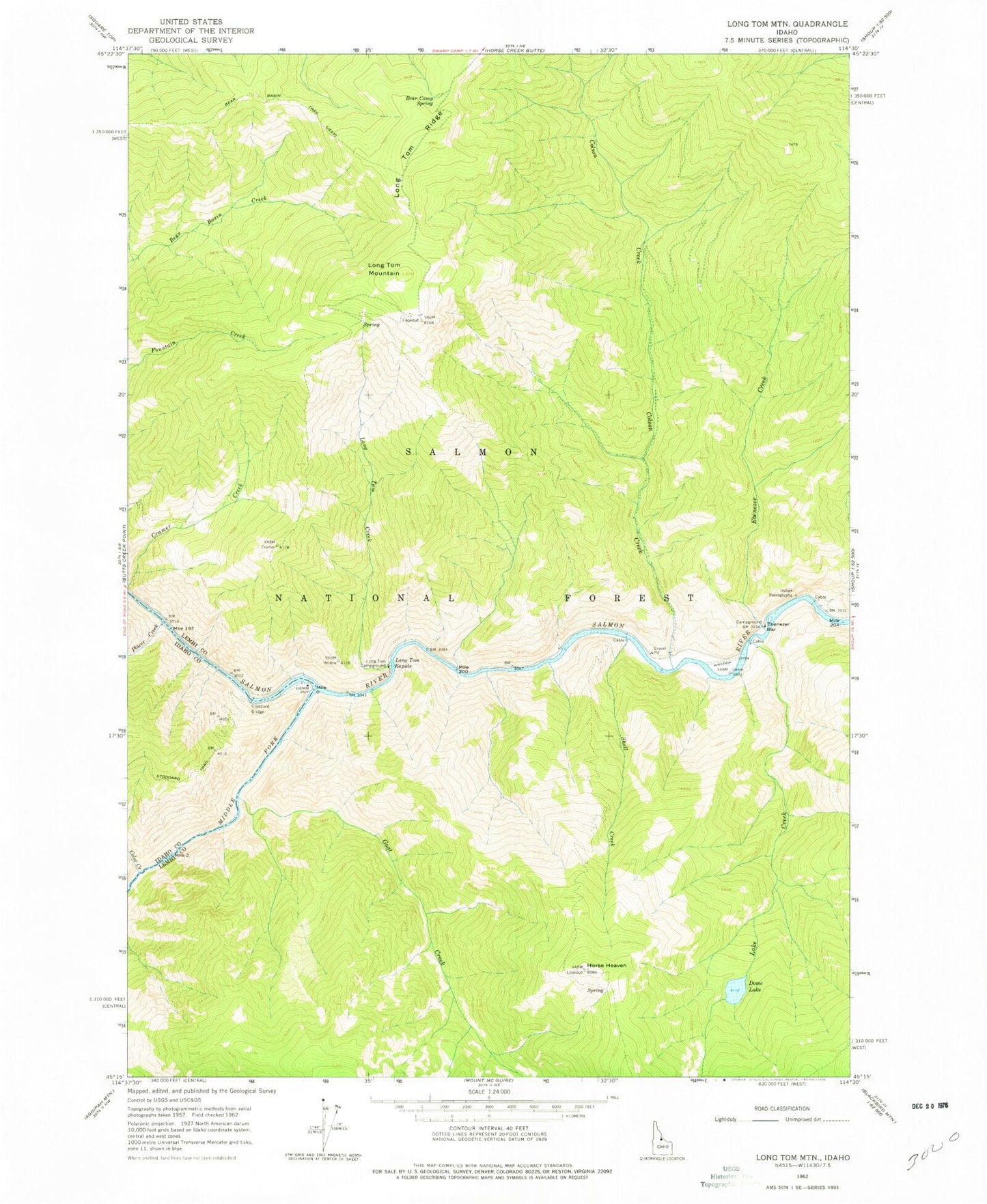 Classic USGS Long Tom Mountain Idaho 7.5'x7.5' Topo Map Image