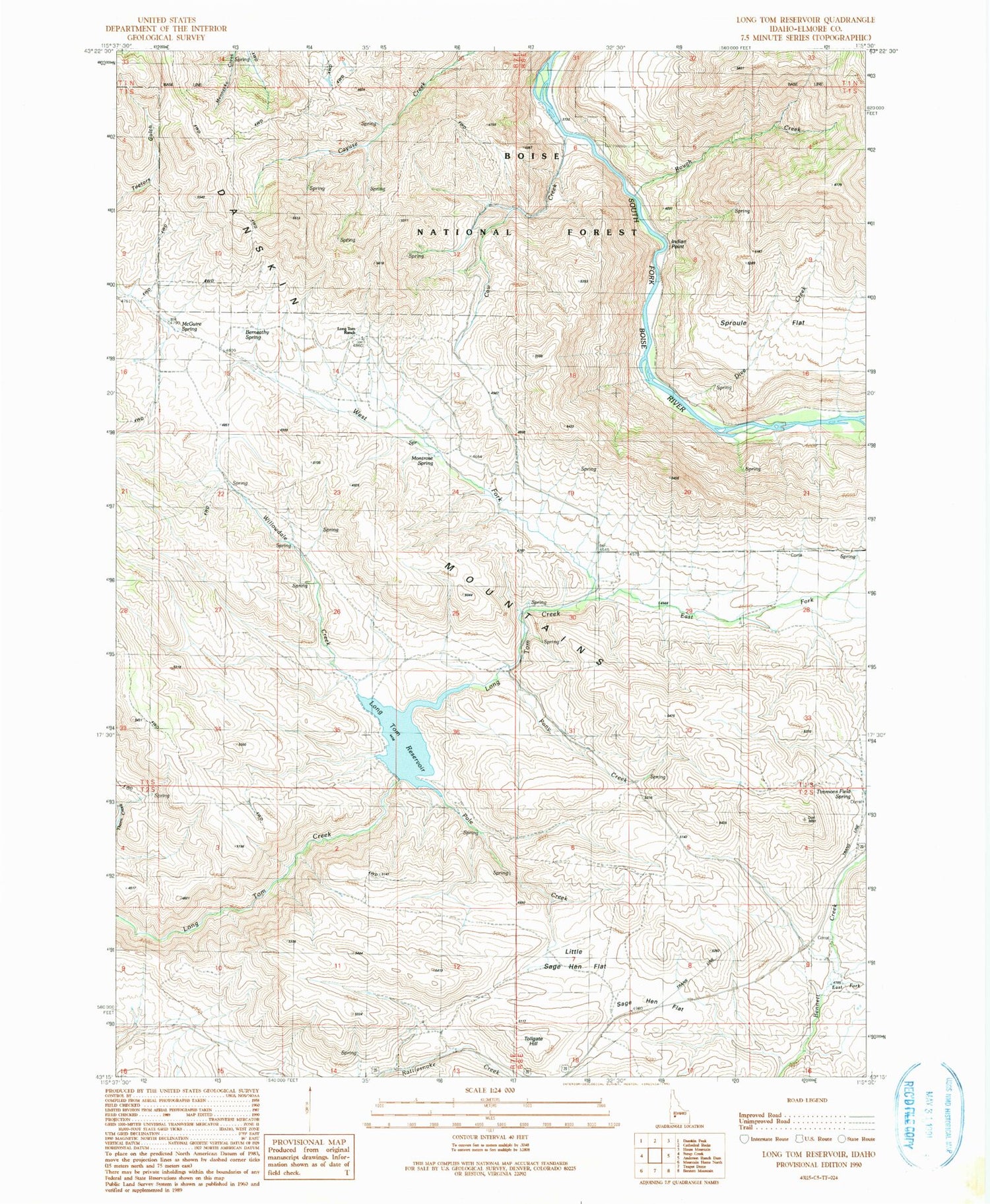 Classic USGS Long Tom Reservoir Idaho 7.5'x7.5' Topo Map Image